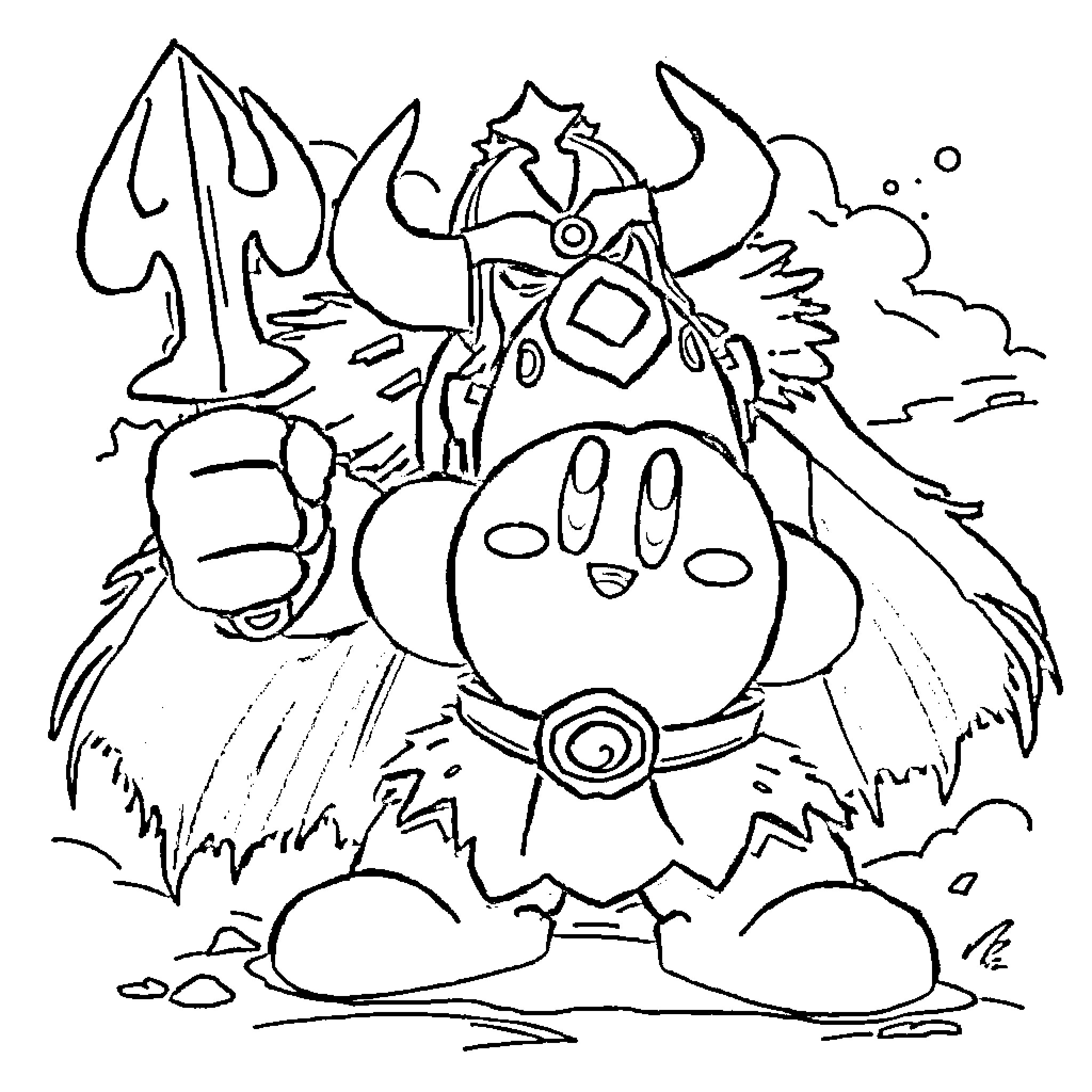 Kirby's Heroic Adventure in the Enchanted Forest Coloring Page (free black-and-white line drawing printable PDF for all, from beginners to advanced learners, including children, teens, adults, and seniors)