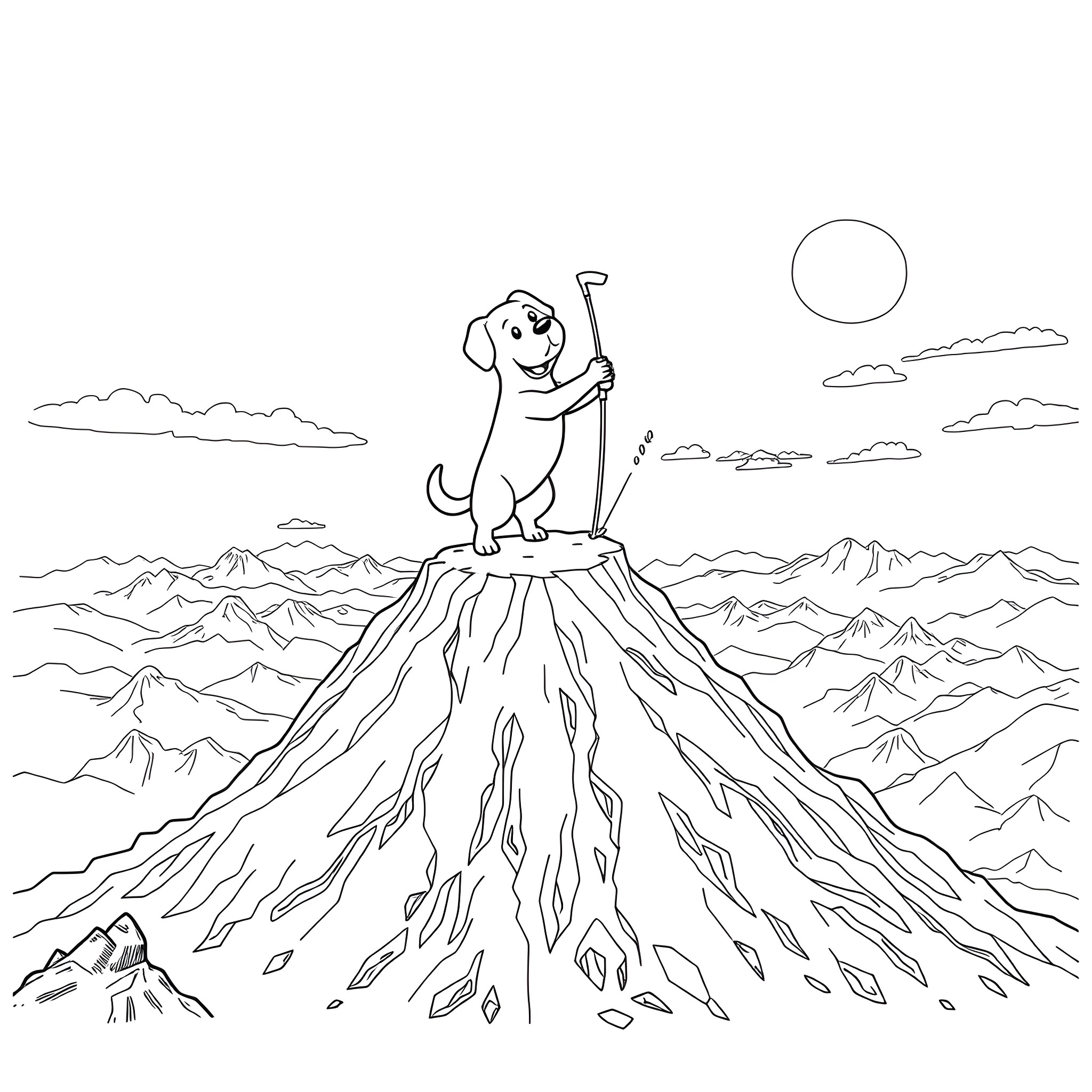Dog standing proudly on a mountain peak Coloring Page (free black-and-white line drawing printable PDF for all, from beginners to advanced learners, including children, teens, adults, and seniors)