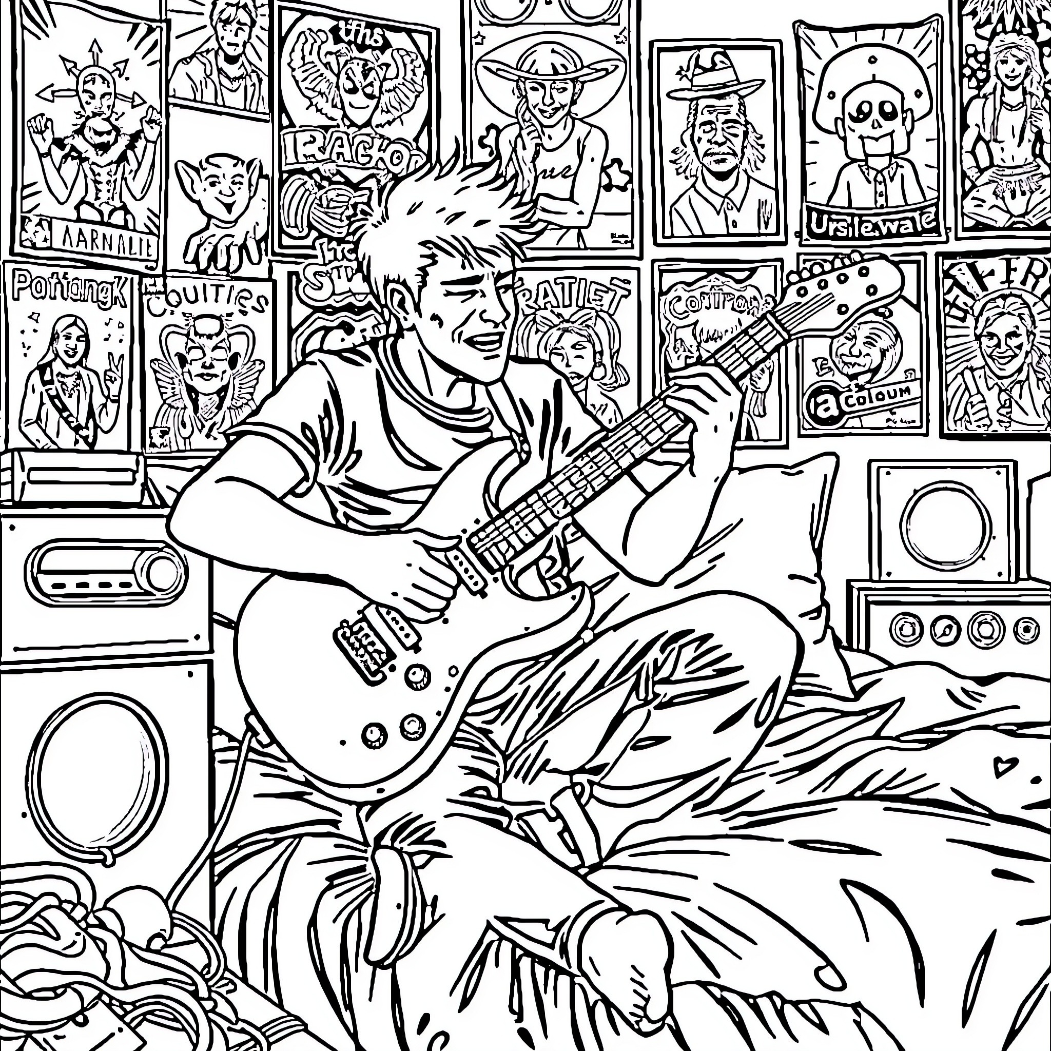 Guitarist performing in a bedroom with music-themed decor Coloring Page (free black-and-white line drawing printable PDF for all, from beginners to advanced learners, including children, teens, adults, and seniors)