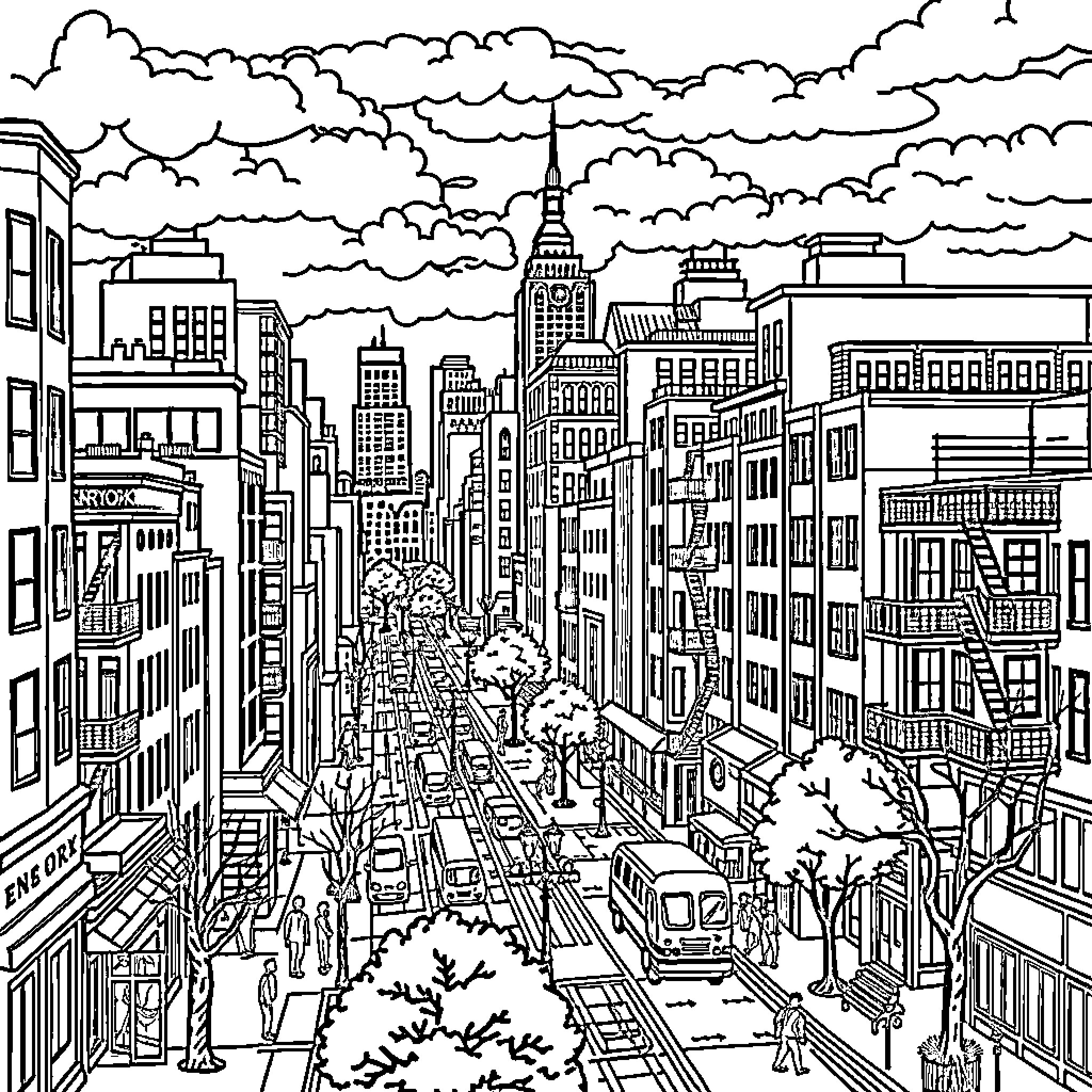 Bronx cityscape with bustling streets and iconic landmarks Coloring Page (free black-and-white line drawing printable PDF for all, from beginners to advanced learners, including children, teens, adults, and seniors)