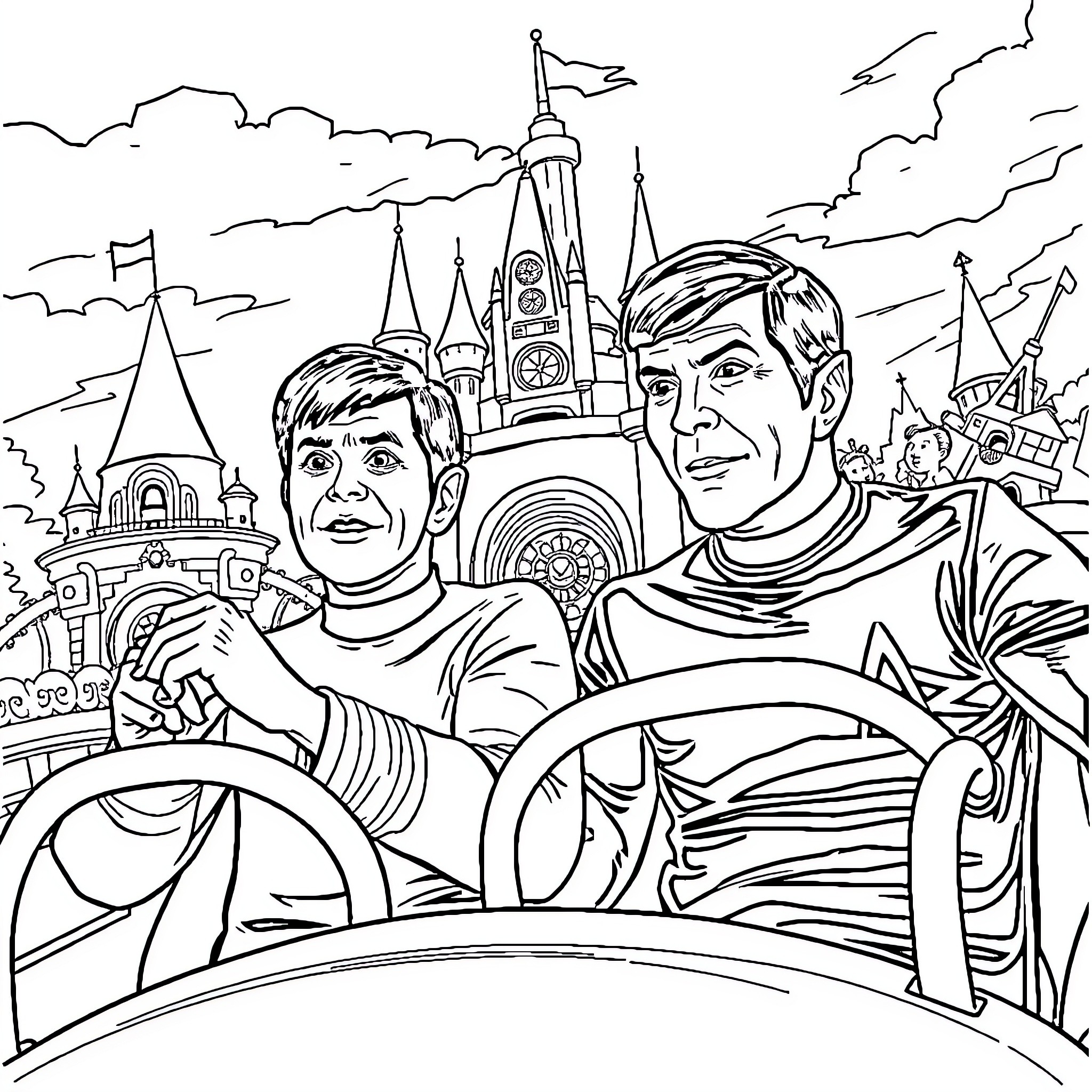 Captain Kirk and crew explore futuristic fantasy world Coloring Page (free black-and-white line drawing printable PDF for all, from beginners to advanced learners, including children, teens, adults, and seniors)