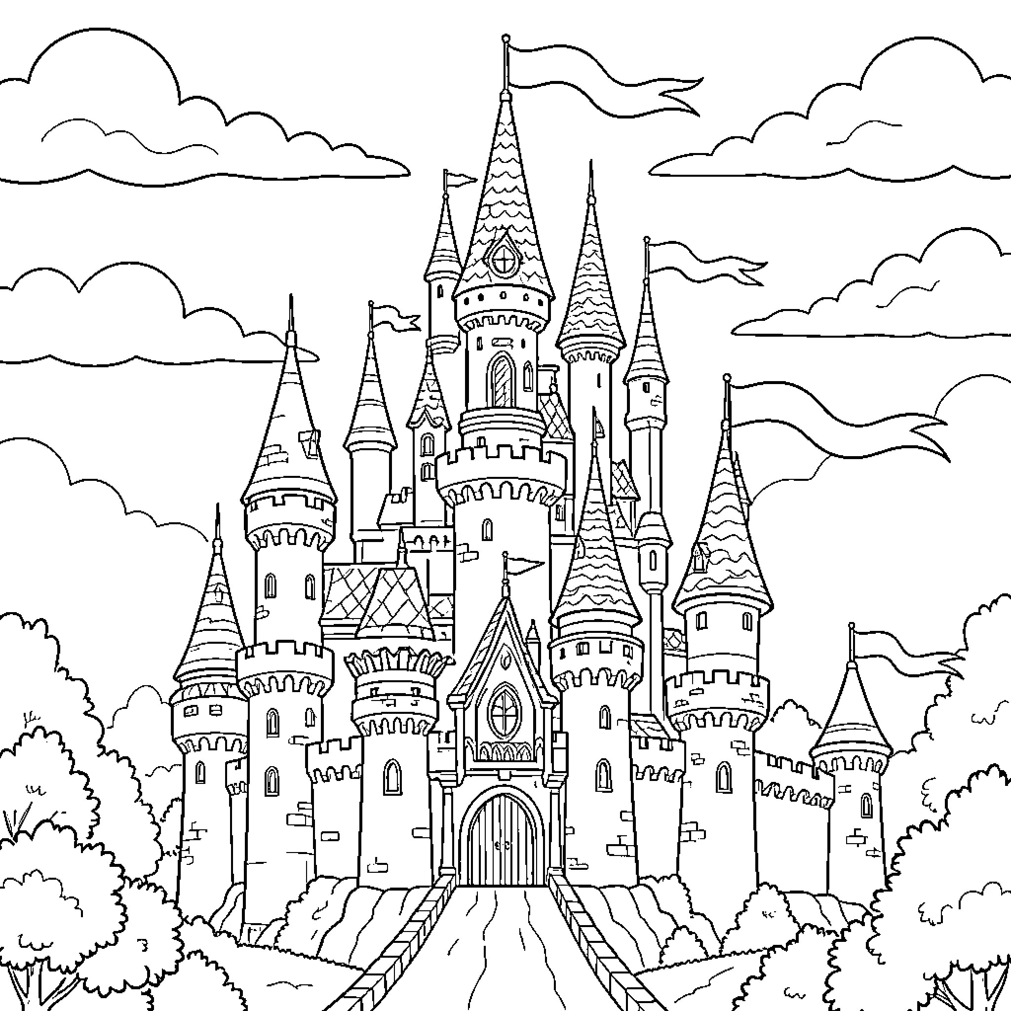 Castle of grand and majestic structures Coloring Page (free black-and-white line drawing printable PDF for all, from beginners to advanced learners, including children, teens, adults, and seniors)