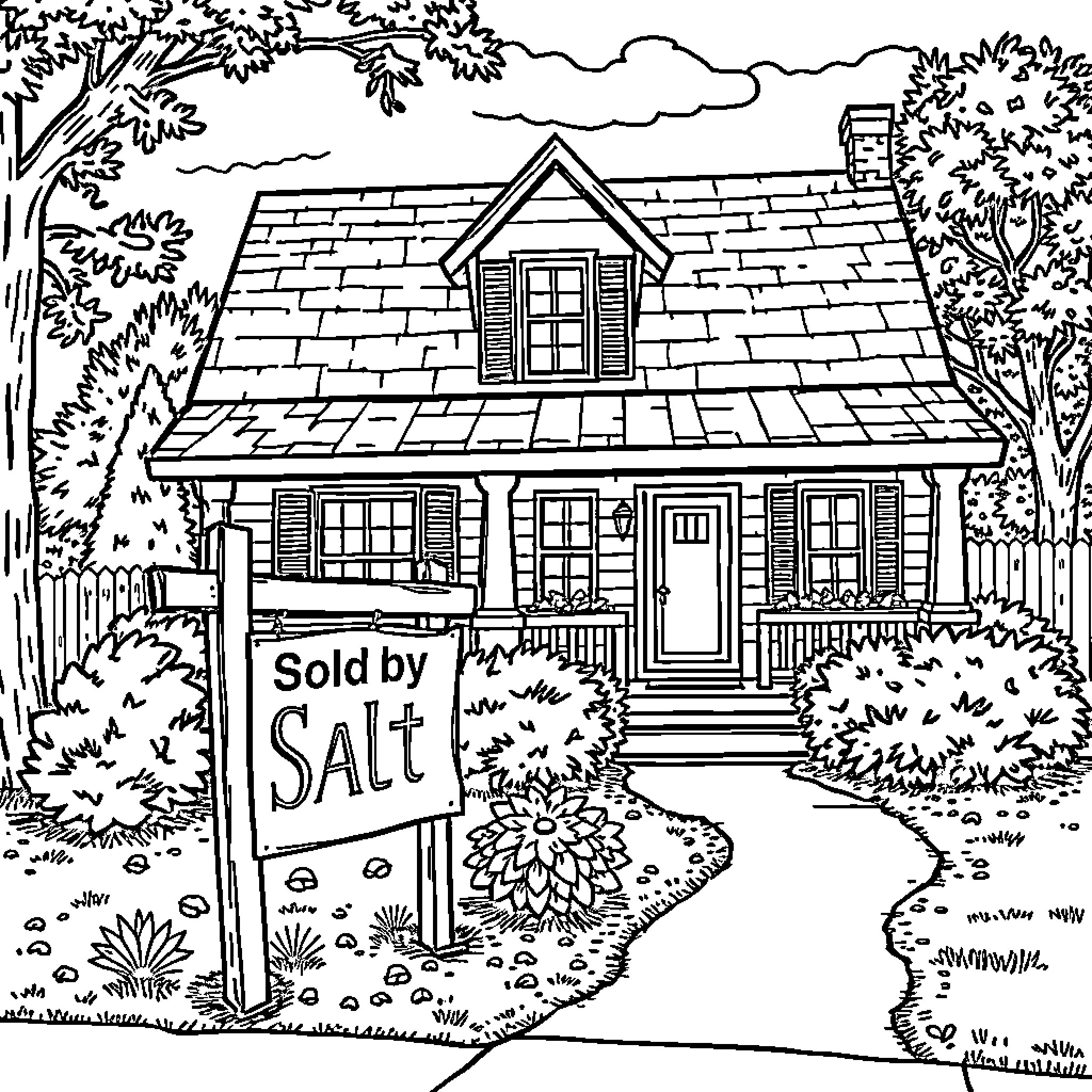 Home for Sale in the Country Coloring Page (free black-and-white line drawing printable PDF for all, from beginners to advanced learners, including children, teens, adults, and seniors)