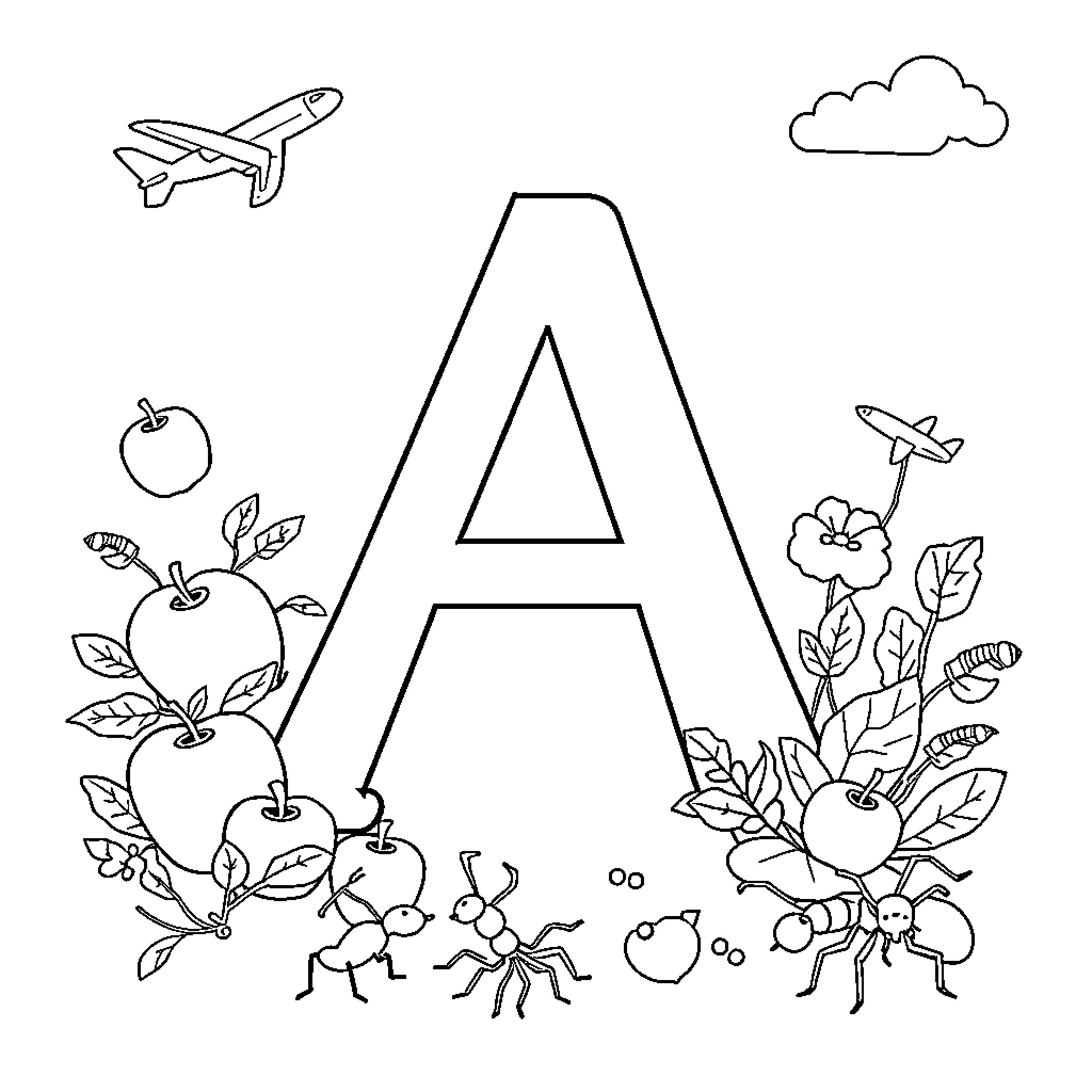 Letter A with playful nature elements Coloring Page (free black-and-white line drawing printable PDF for all, from beginners to advanced learners, including children, teens, adults, and seniors)