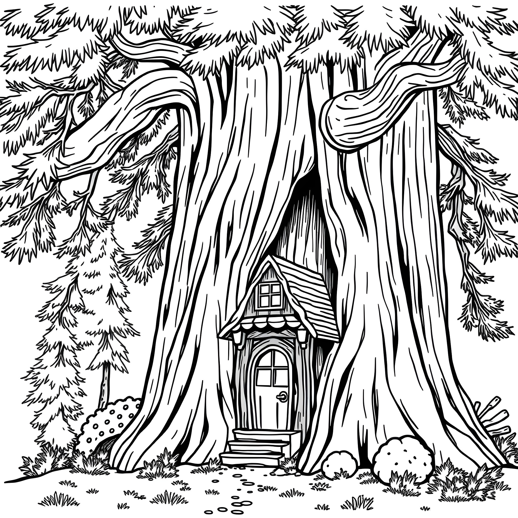 Gnome living in a cozy tree hollow Coloring Page (free black-and-white line drawing printable PDF for all, from beginners to advanced learners, including children, teens, adults, and seniors)