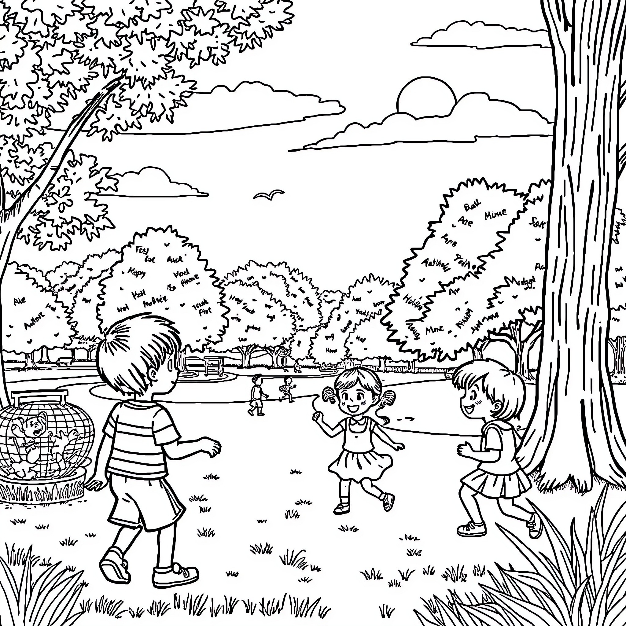 Children playing at the park on a sunny day Coloring Page (free black-and-white line drawing printable PDF for all, from beginners to advanced learners, including children, teens, adults, and seniors)