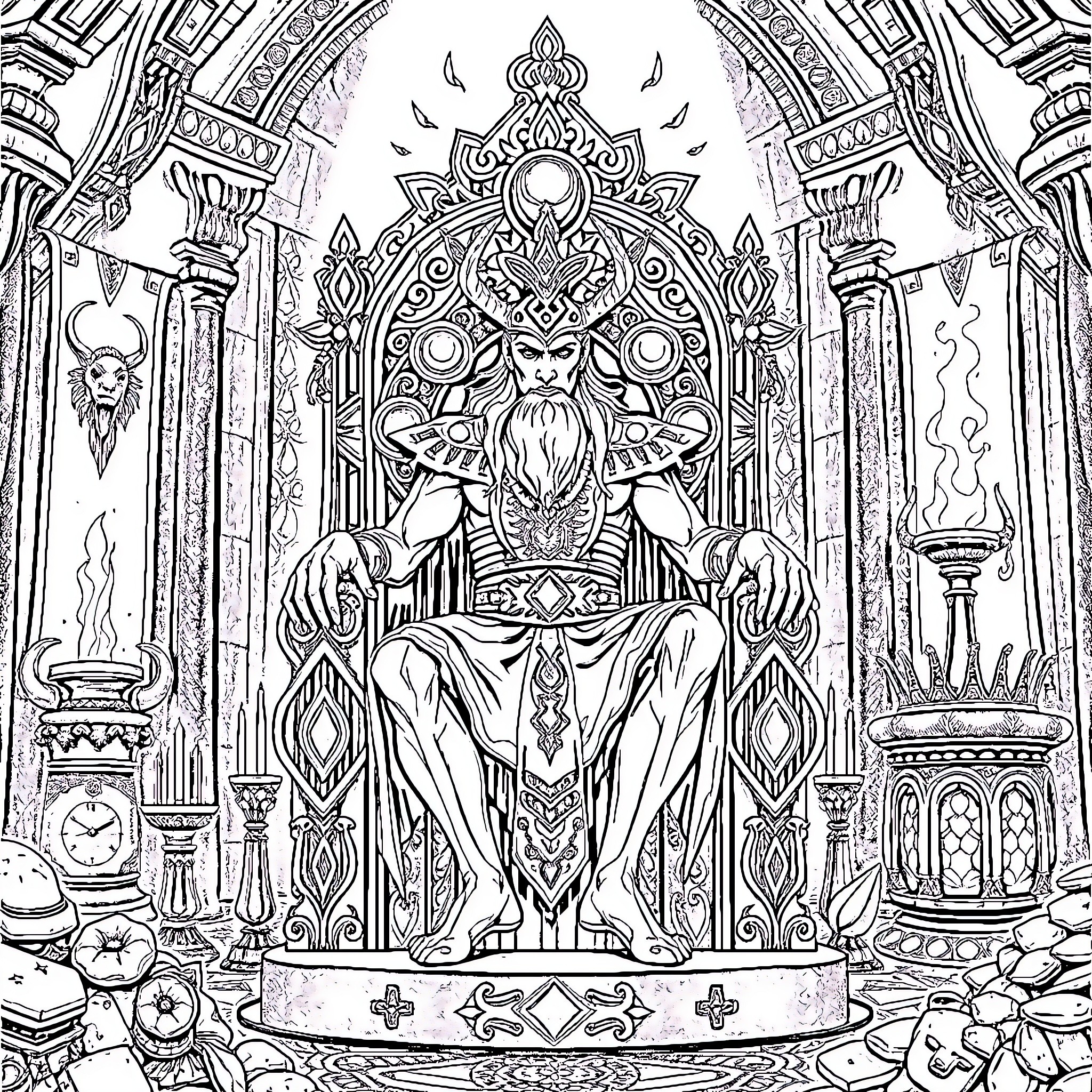 Loki's Mystical Throne Room Coloring Page (free black-and-white line drawing printable PDF for all, from beginners to advanced learners, including children, teens, adults, and seniors)