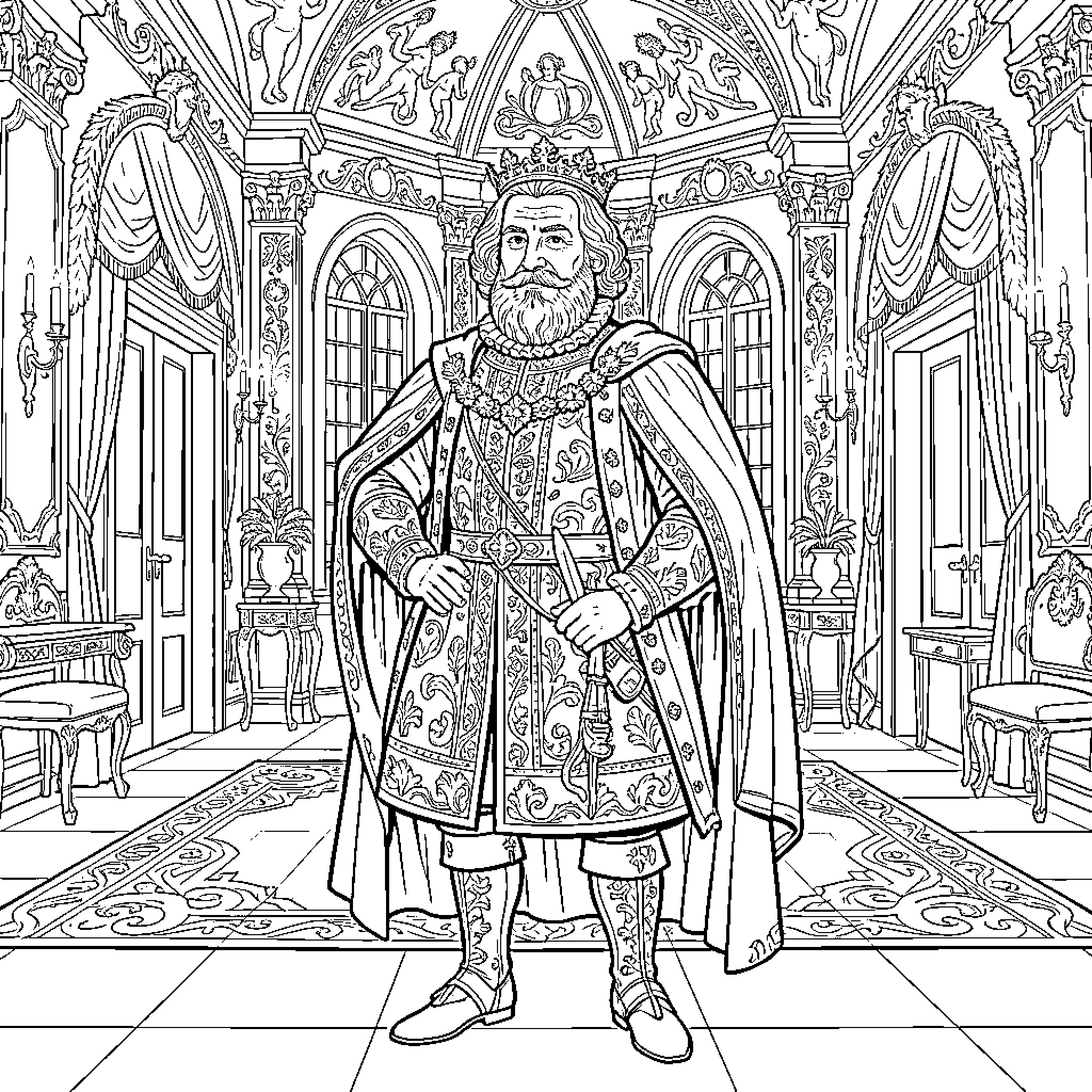 Henry VIII standing regally in a grand palace chamber Coloring Page (free black-and-white line drawing printable PDF for all, from beginners to advanced learners, including children, teens, adults, and seniors)