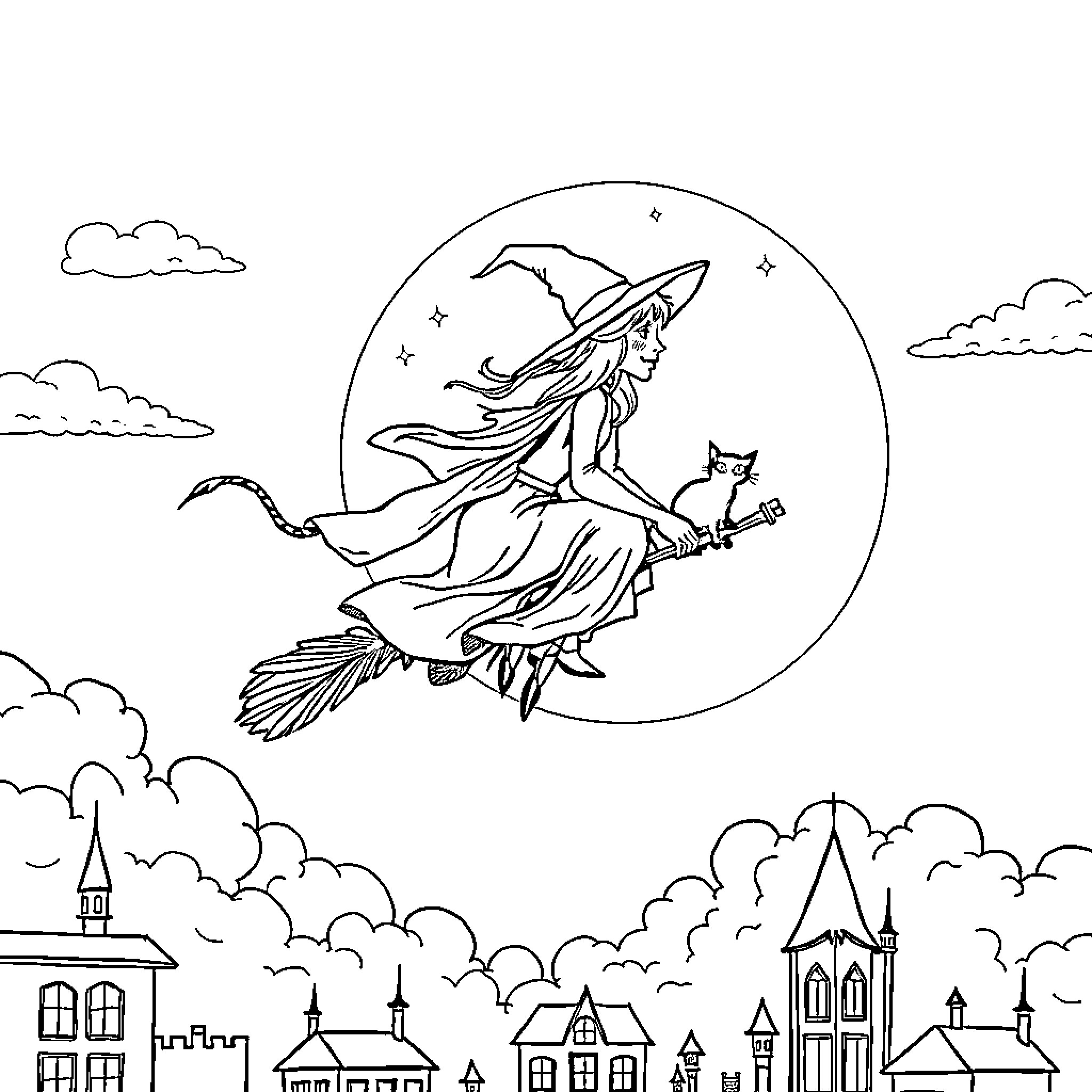 Witch flying over the town on a broomstick Coloring Page (free black-and-white line drawing printable PDF for all, from beginners to advanced learners, including children, teens, adults, and seniors)