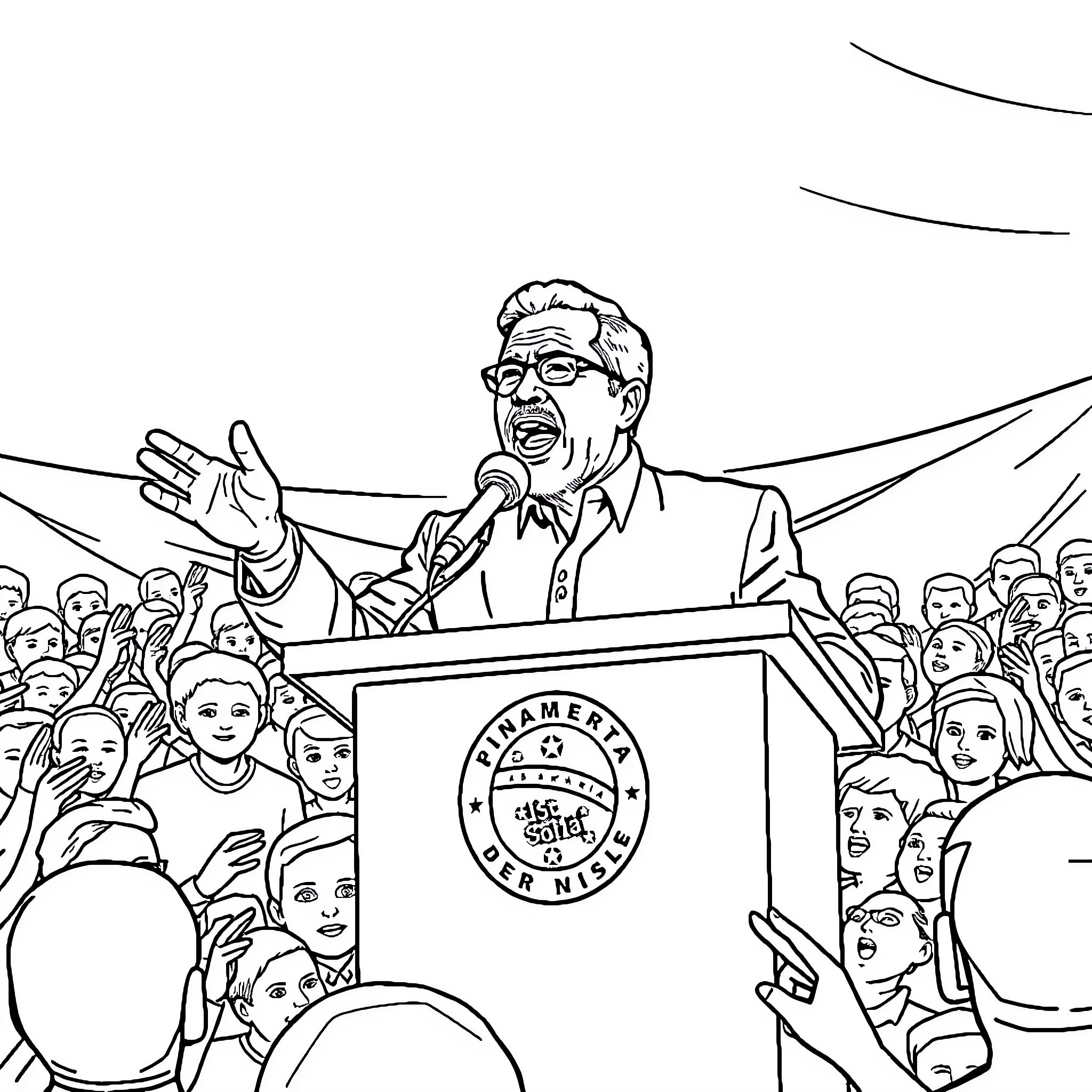 Lula addressing an enthusiastic crowd Coloring Page (free black-and-white line drawing printable PDF for all, from beginners to advanced learners, including children, teens, adults, and seniors)