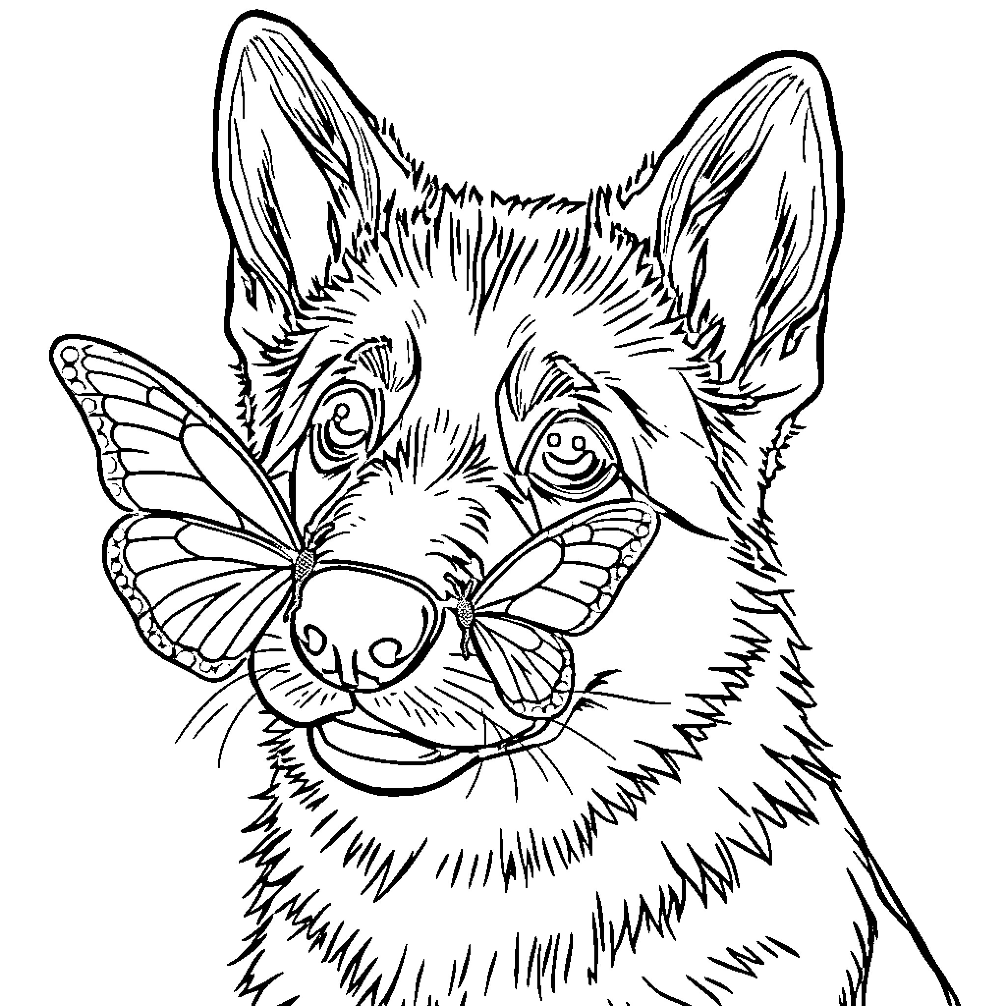 German Shepherd with Butterfly on Nose Coloring Page (free black-and-white line drawing printable PDF for all, from beginners to advanced learners, including children, teens, adults, and seniors)