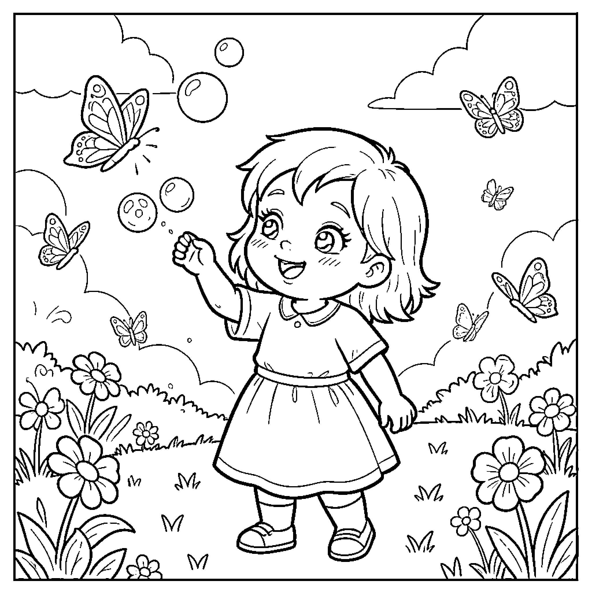Fille blowing bubbles while surrounded by butterflies and flowers Coloring Page (free black-and-white line drawing printable PDF for all, from beginners to advanced learners, including children, teens, adults, and seniors)