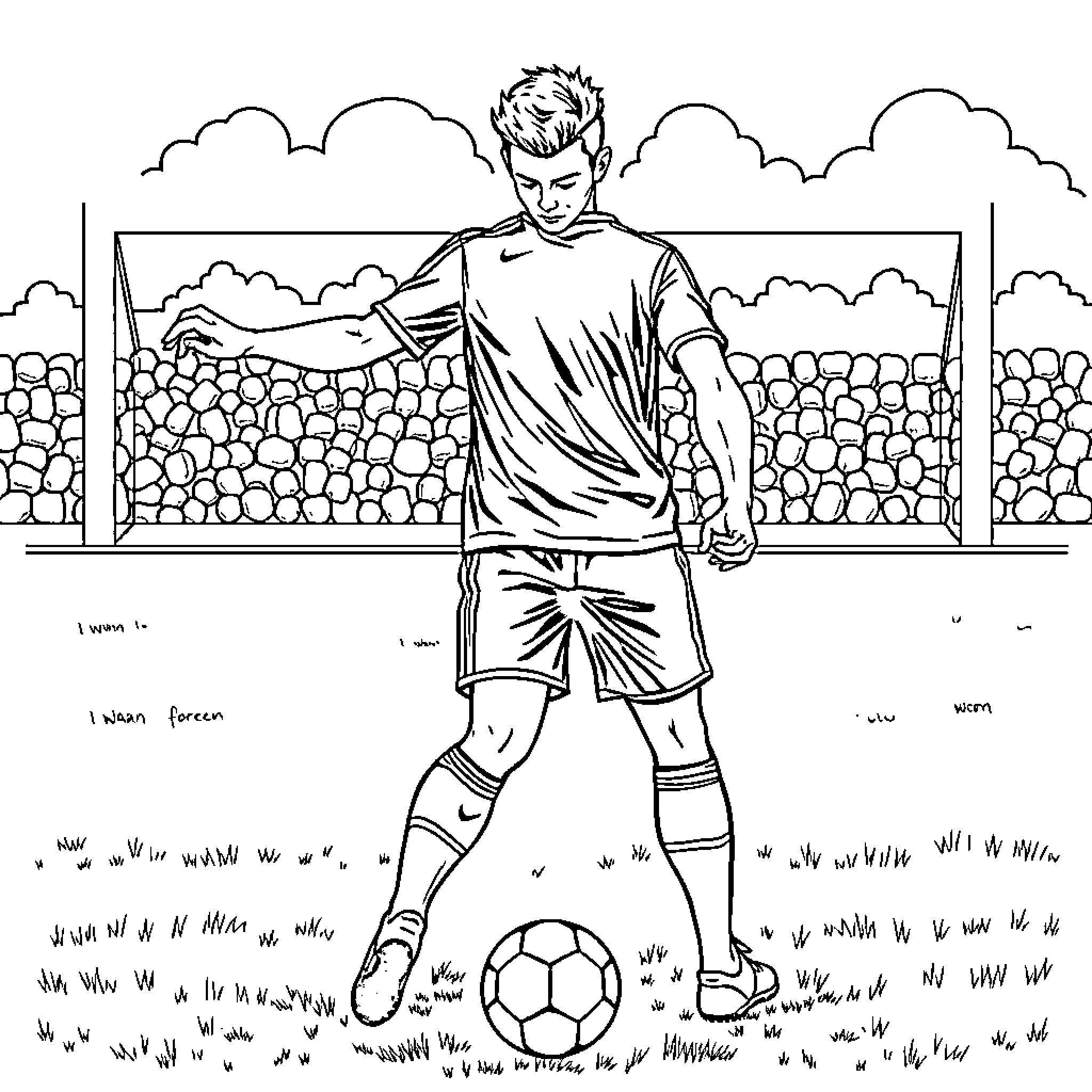 Footballer kicking the ball on the field Coloring Page (free black-and-white line drawing printable PDF for all, from beginners to advanced learners, including children, teens, adults, and seniors)