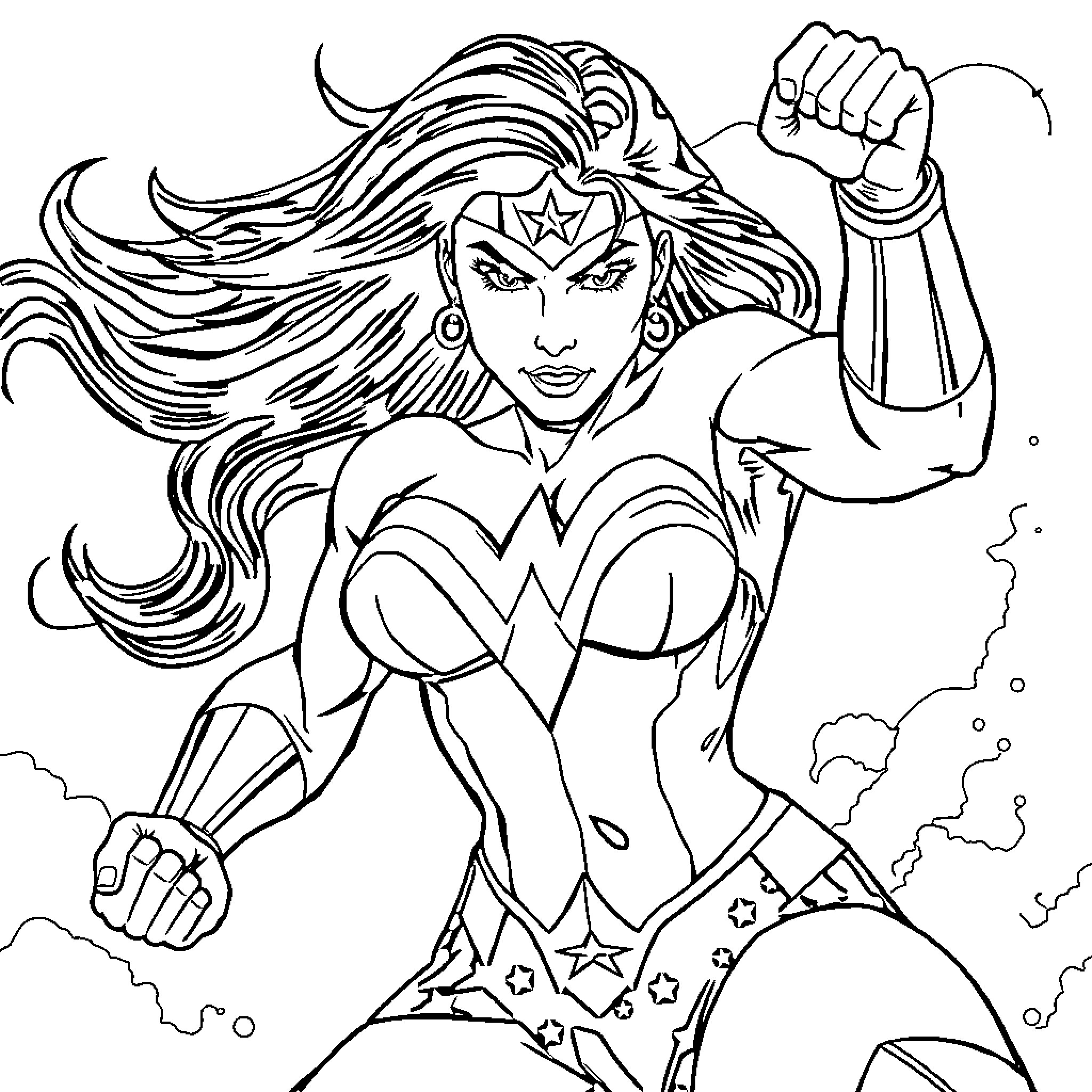 Wonder Woman in Action Pose with Determination Coloring Page (free black-and-white line drawing printable PDF for all, from beginners to advanced learners, including children, teens, adults, and seniors)