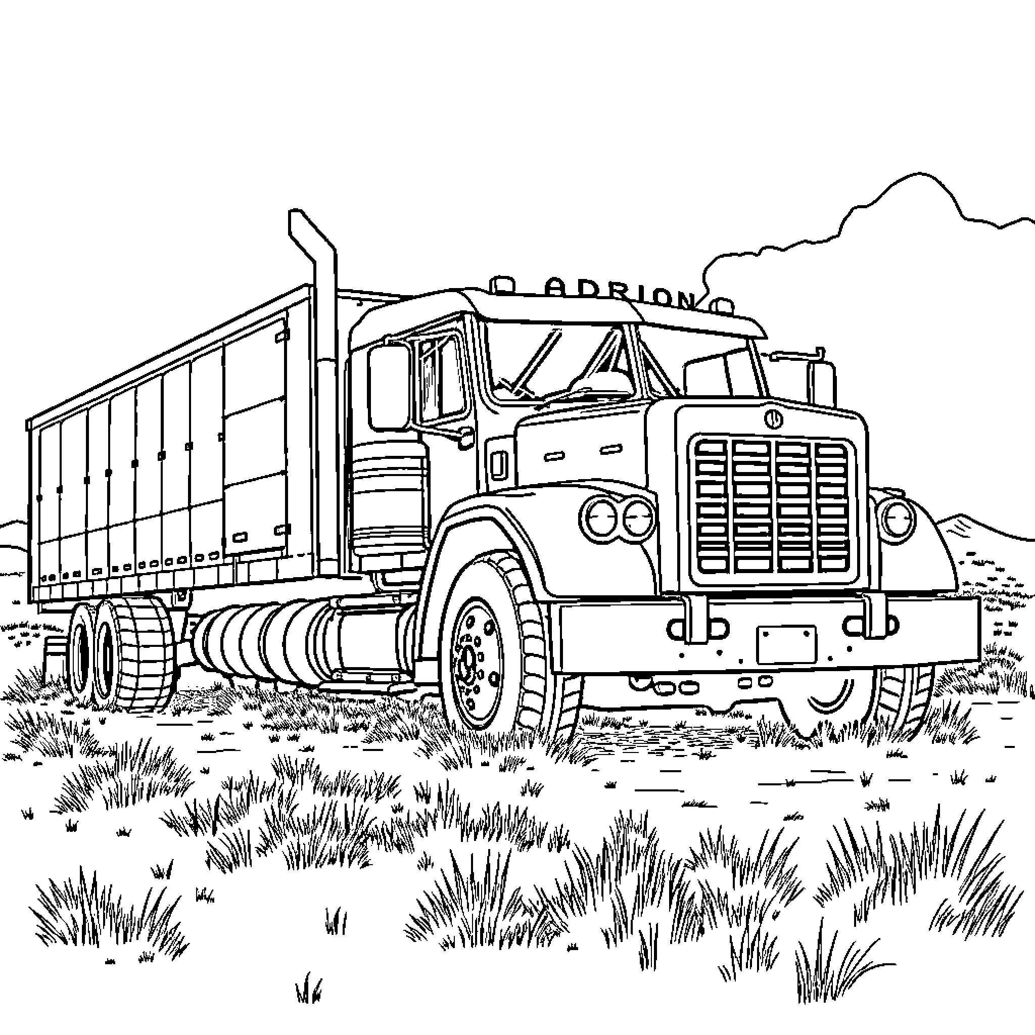 Truck hauling cargo through the countryside Coloring Page (free black-and-white line drawing printable PDF for all, from beginners to advanced learners, including children, teens, adults, and seniors)