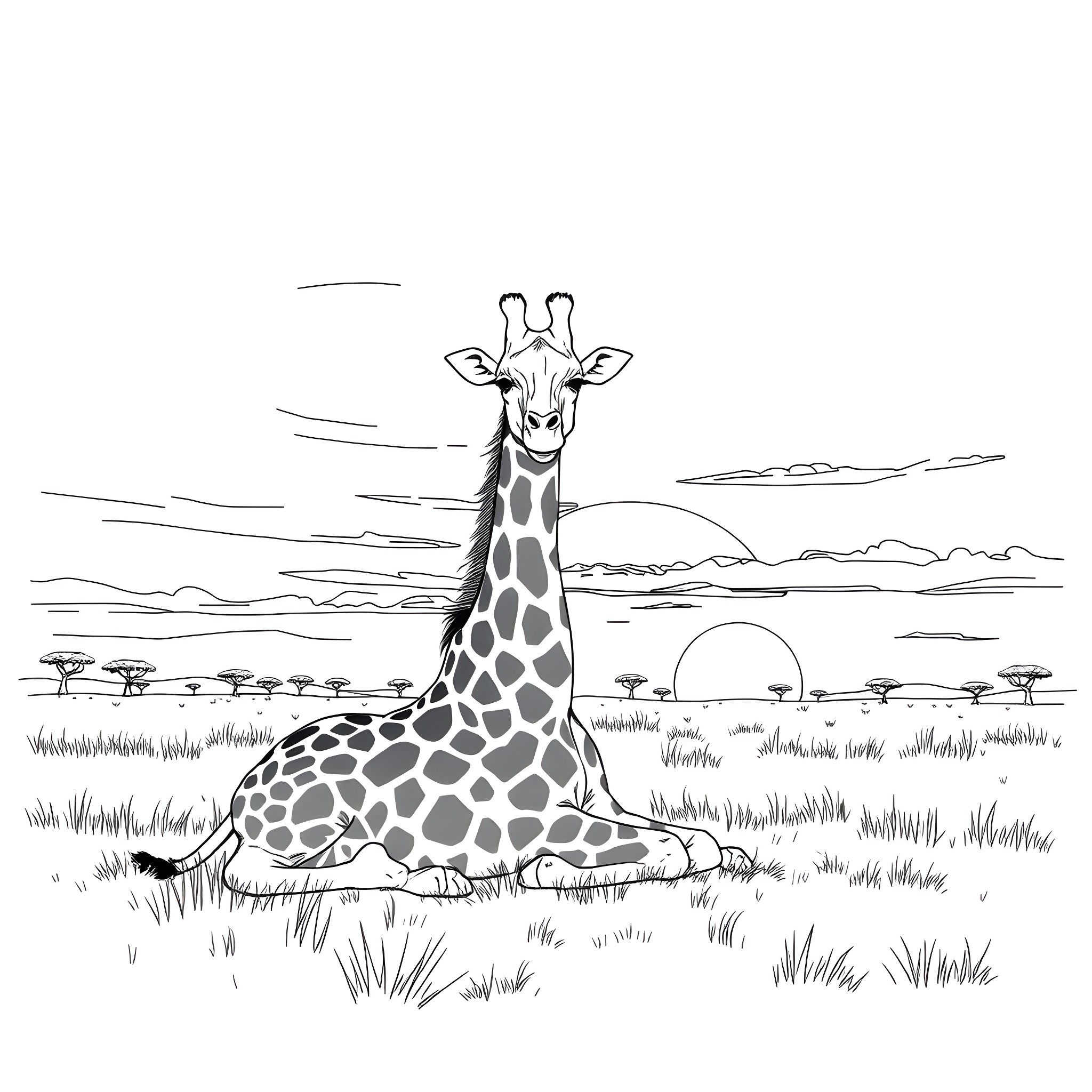 Giraffe resting in a serene savanna landscape Coloring Page (free black-and-white line drawing printable PDF for all, from beginners to advanced learners, including children, teens, adults, and seniors)