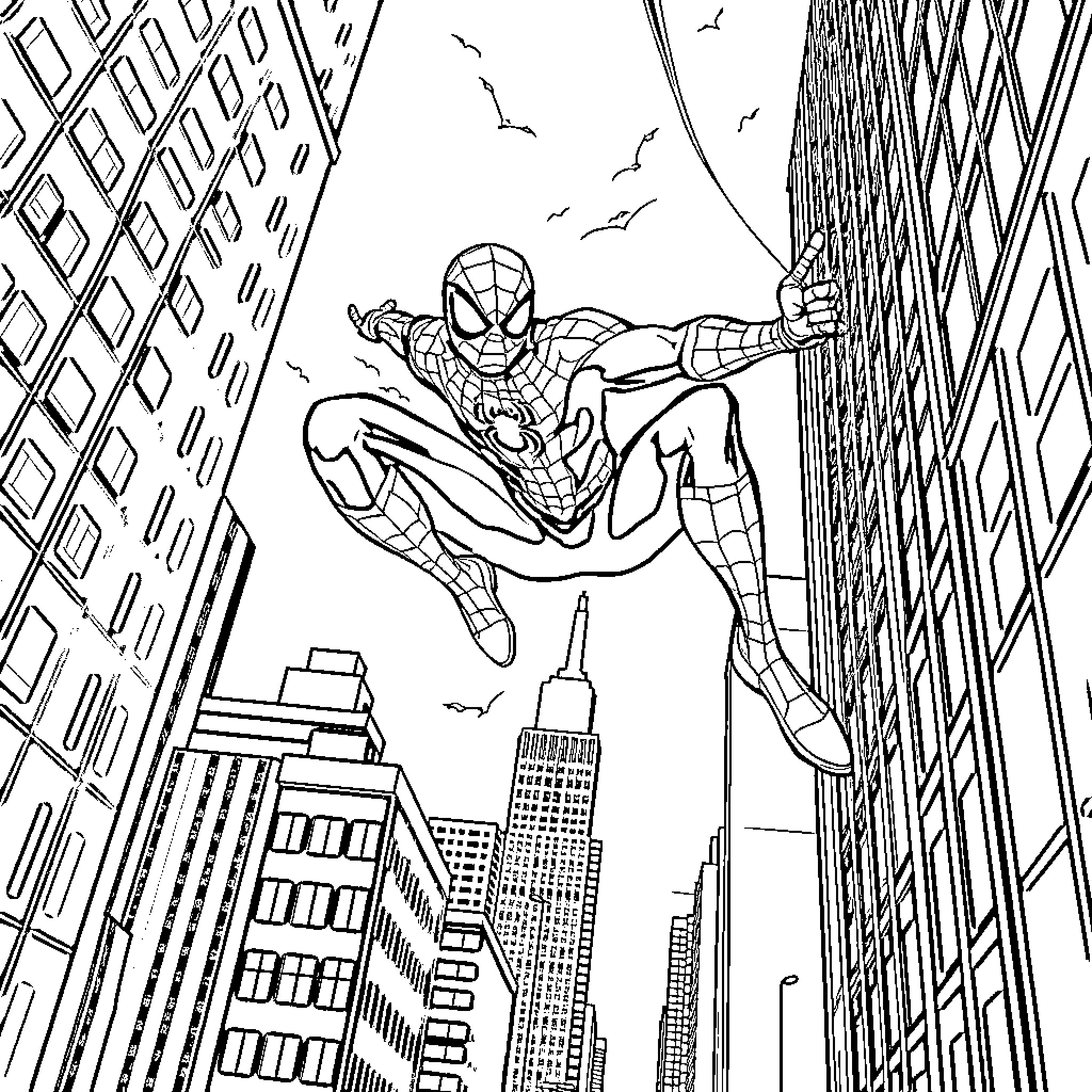 Spiderman swinging through the city skyline Coloring Page (free black-and-white line drawing printable PDF for all, from beginners to advanced learners, including children, teens, adults, and seniors)