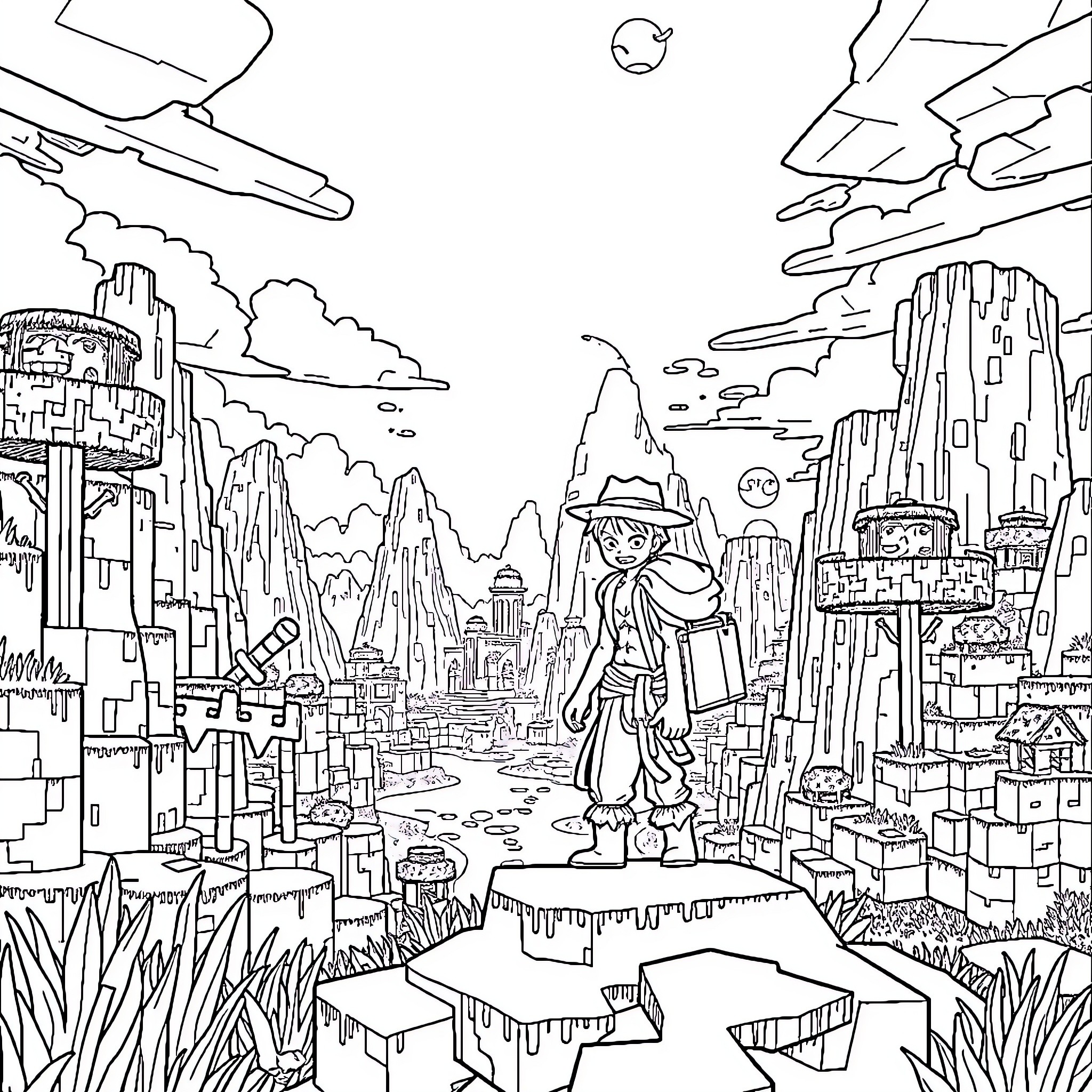 Zoro Explores the Fantastical Realm Coloring Page (free black-and-white line drawing printable PDF for all, from beginners to advanced learners, including children, teens, adults, and seniors)