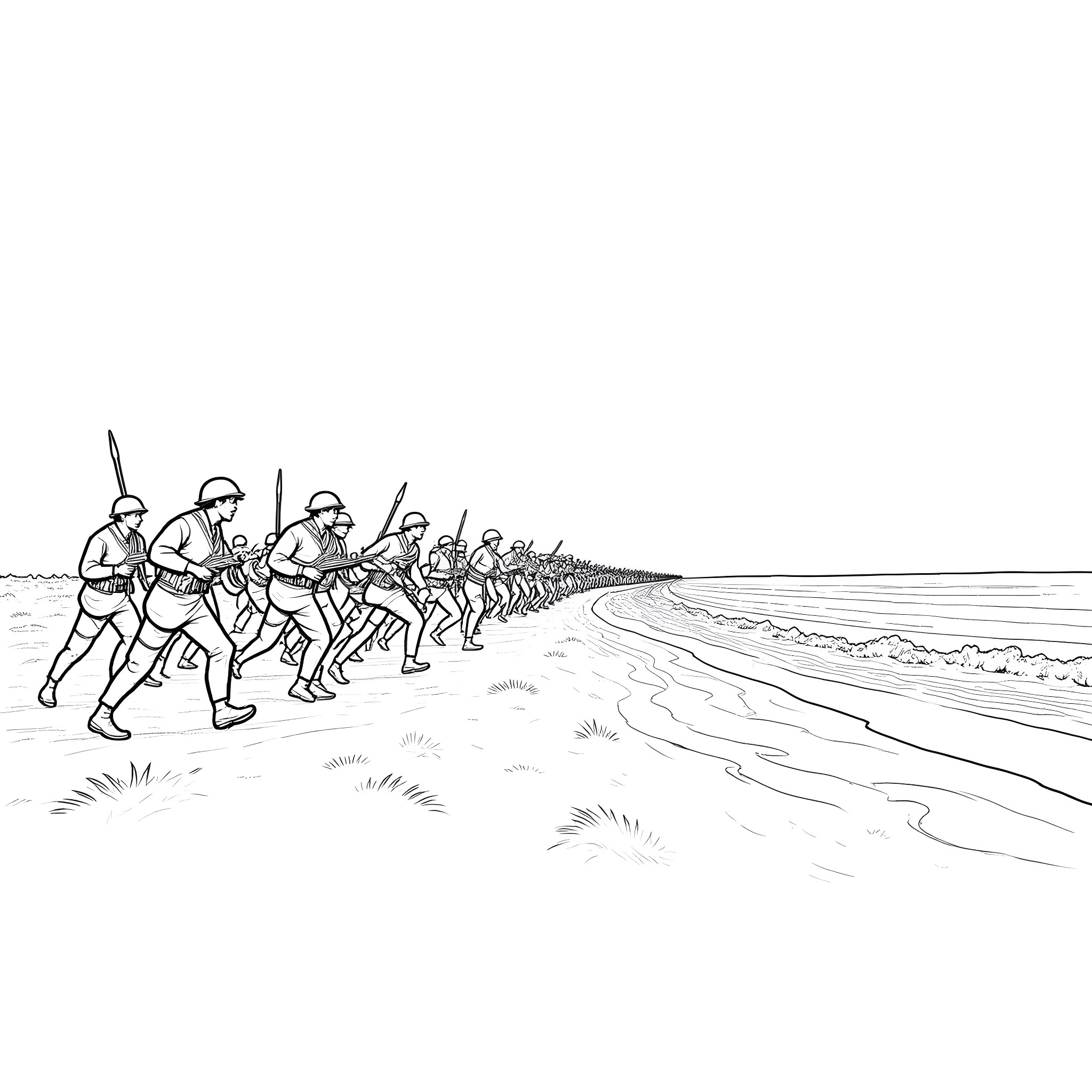 Soldier Platoon Conducting Beach Landing Exercise Coloring Page (free black-and-white line drawing printable PDF for all, from beginners to advanced learners, including children, teens, adults, and seniors)