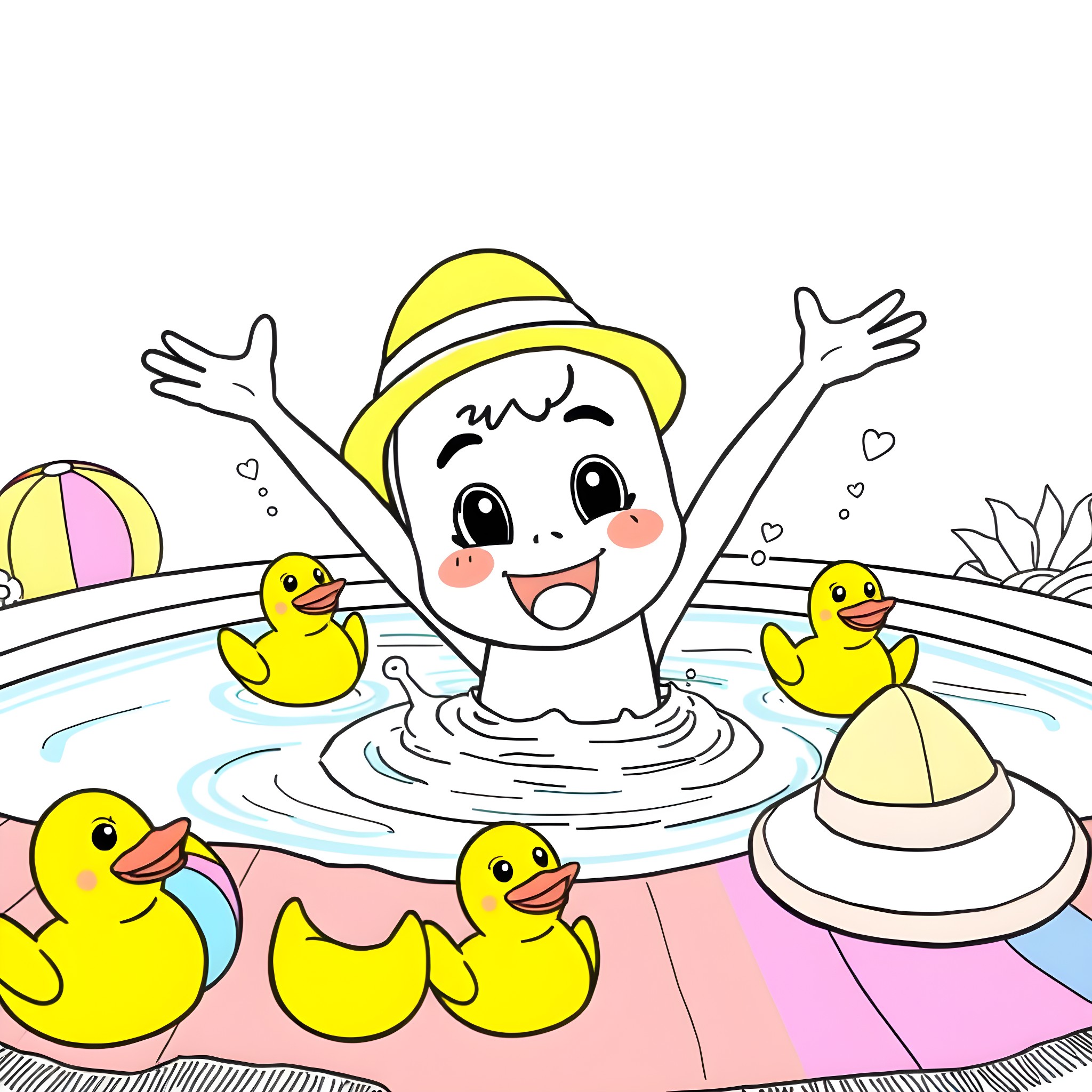 JJ Cheerful Kids Playing in the Pool Coloring Page (free black-and-white line drawing printable PDF for all, from beginners to advanced learners, including children, teens, adults, and seniors)