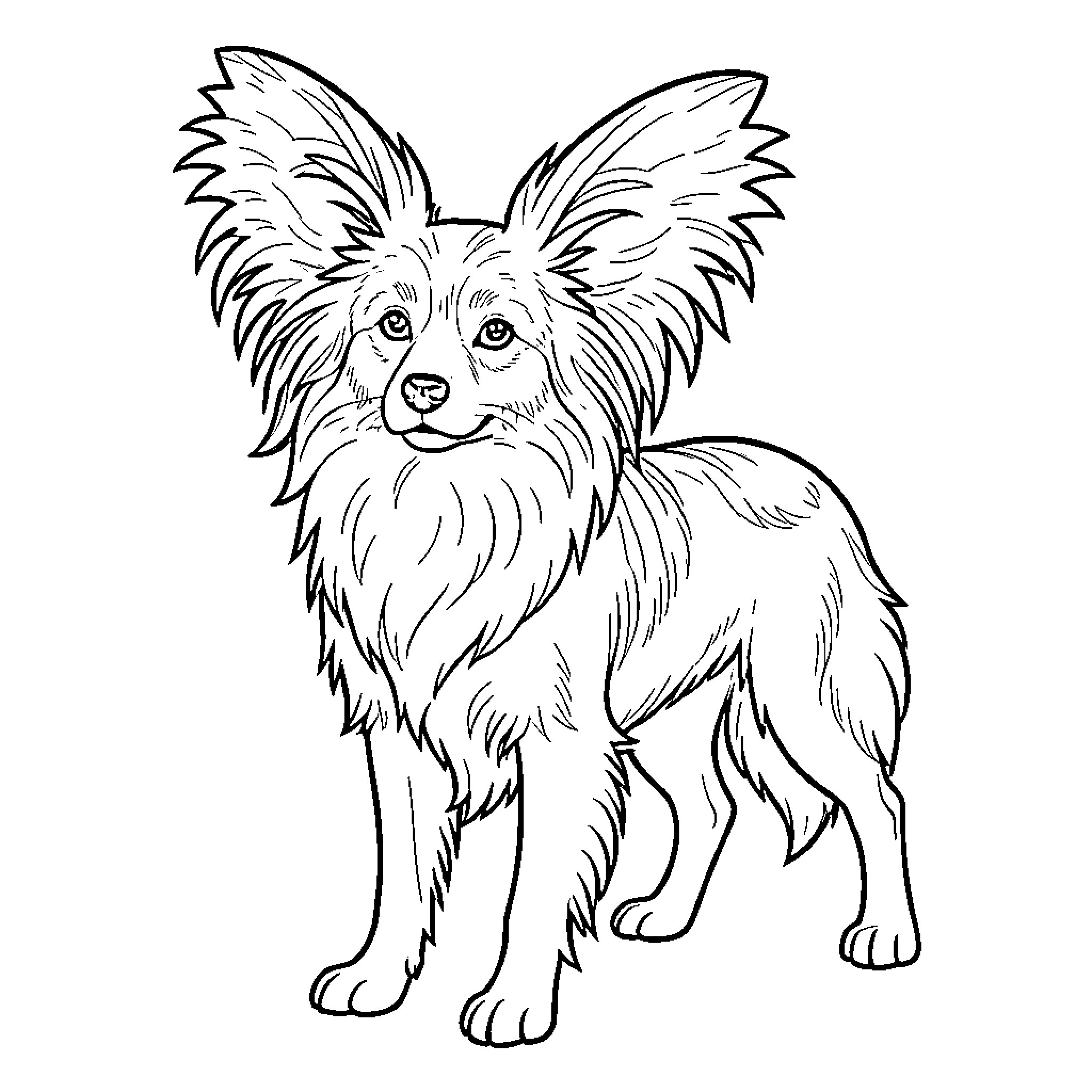 Butterfly Papillon dog standing and looking forward Coloring Page (free black-and-white line drawing printable PDF for all, from beginners to advanced learners, including children, teens, adults, and seniors)
