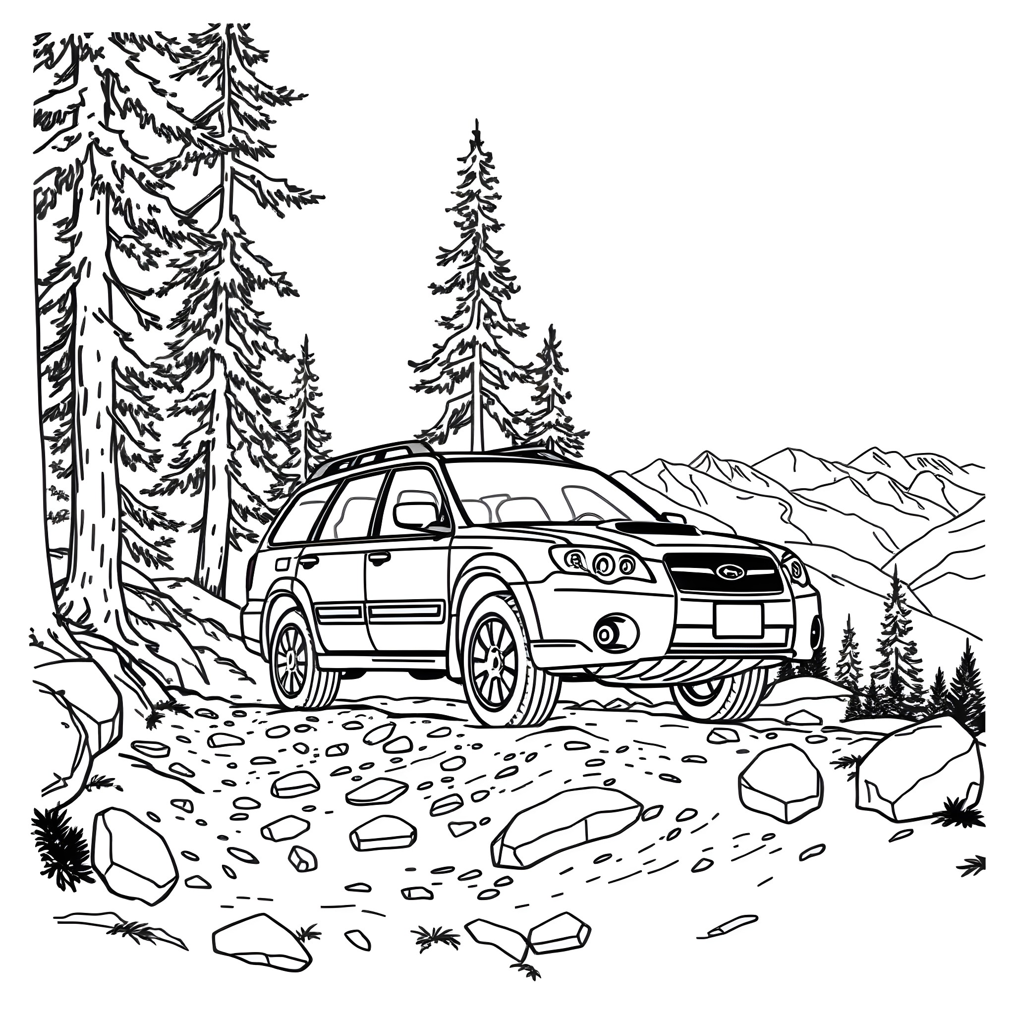 Subaru SUV navigating through the wilderness Coloring Page (free black-and-white line drawing printable PDF for all, from beginners to advanced learners, including children, teens, adults, and seniors)