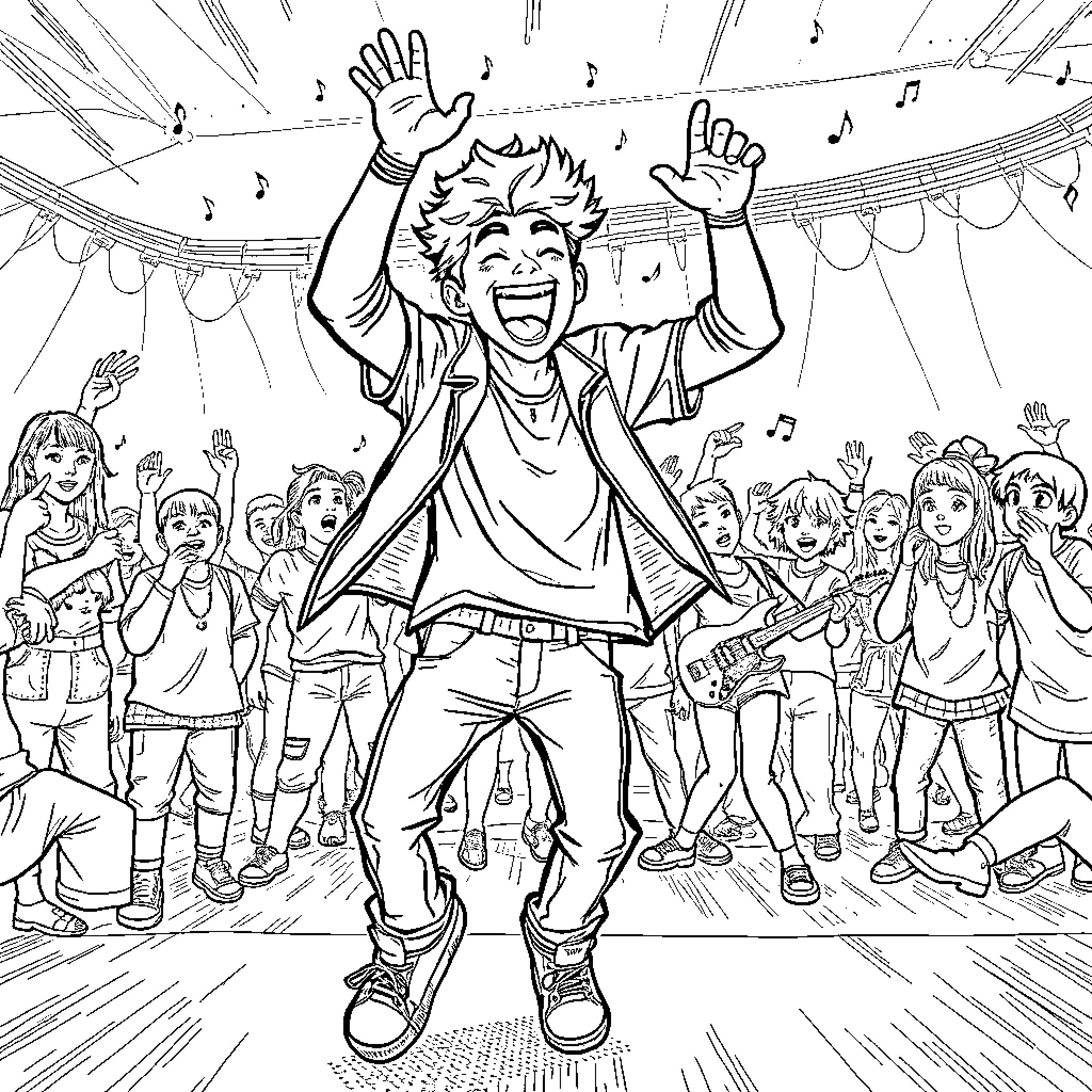 Lee Felix Performing on Stage with Enthusiastic Fans Coloring Page (free black-and-white line drawing printable PDF for all, from beginners to advanced learners, including children, teens, adults, and seniors)