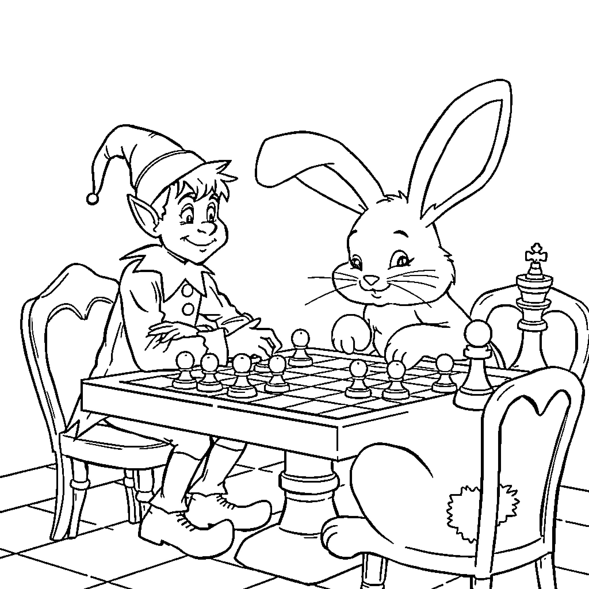 Buddy and Rabbit Playing Chess Together Coloring Page (free black-and-white line drawing printable PDF for all, from beginners to advanced learners, including children, teens, adults, and seniors)