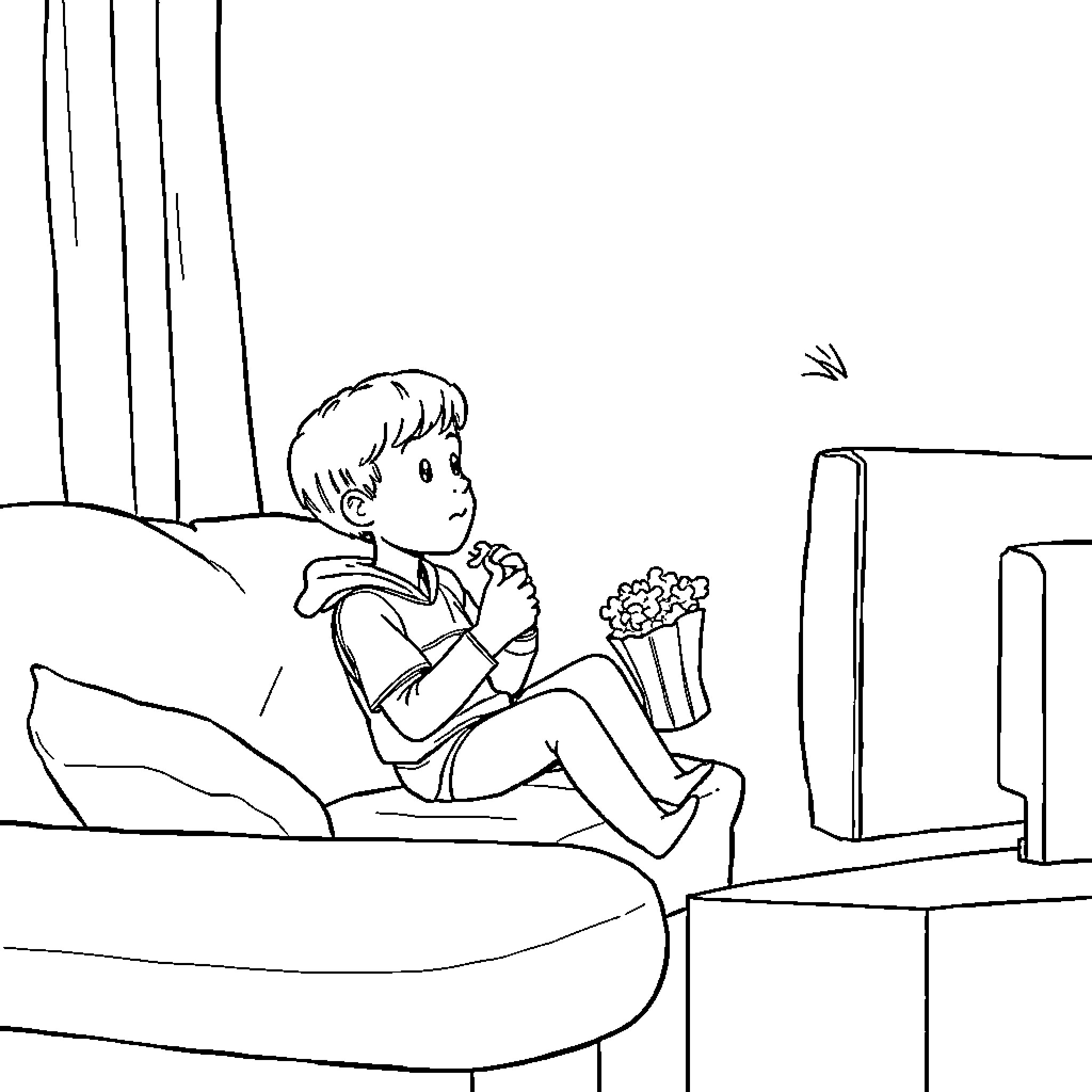 Boy relaxing on the couch with snacks Coloring Page (free black-and-white line drawing printable PDF for all, from beginners to advanced learners, including children, teens, adults, and seniors)