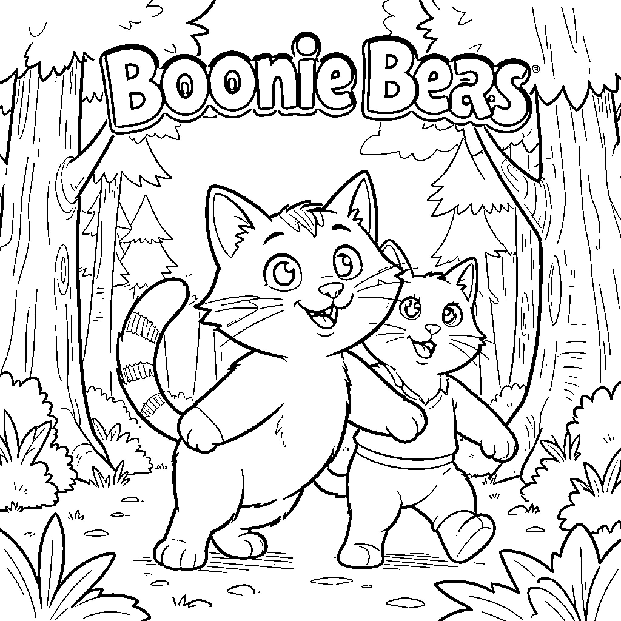 Boonie Bears characters walking happily through the forest Coloring Page (free black-and-white line drawing printable PDF for all, from beginners to advanced learners, including children, teens, adults, and seniors)