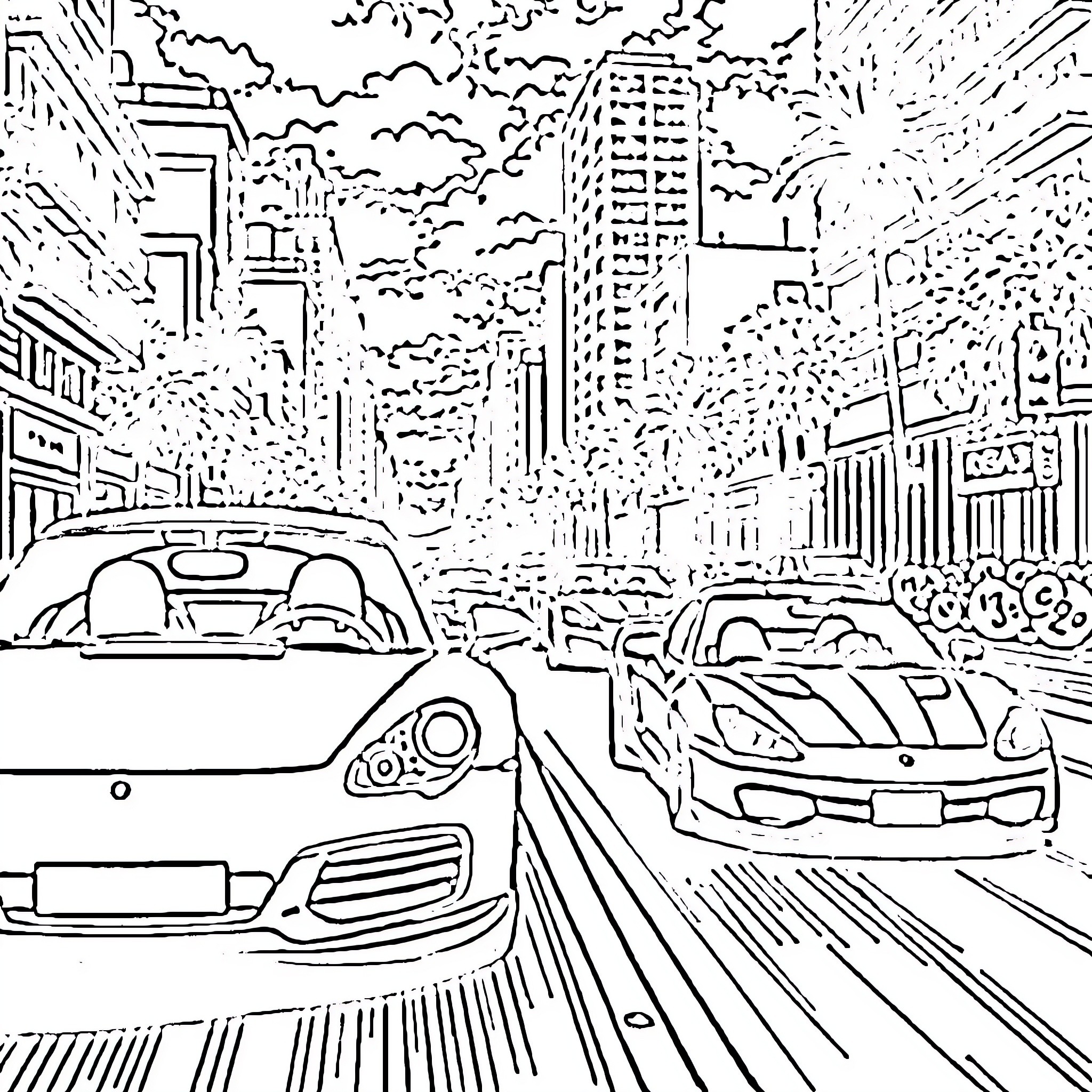 Fast and Furious Cars Race Through Crowded City Streets Coloring Page (free black-and-white line drawing printable PDF for all, from beginners to advanced learners, including children, teens, adults, and seniors)