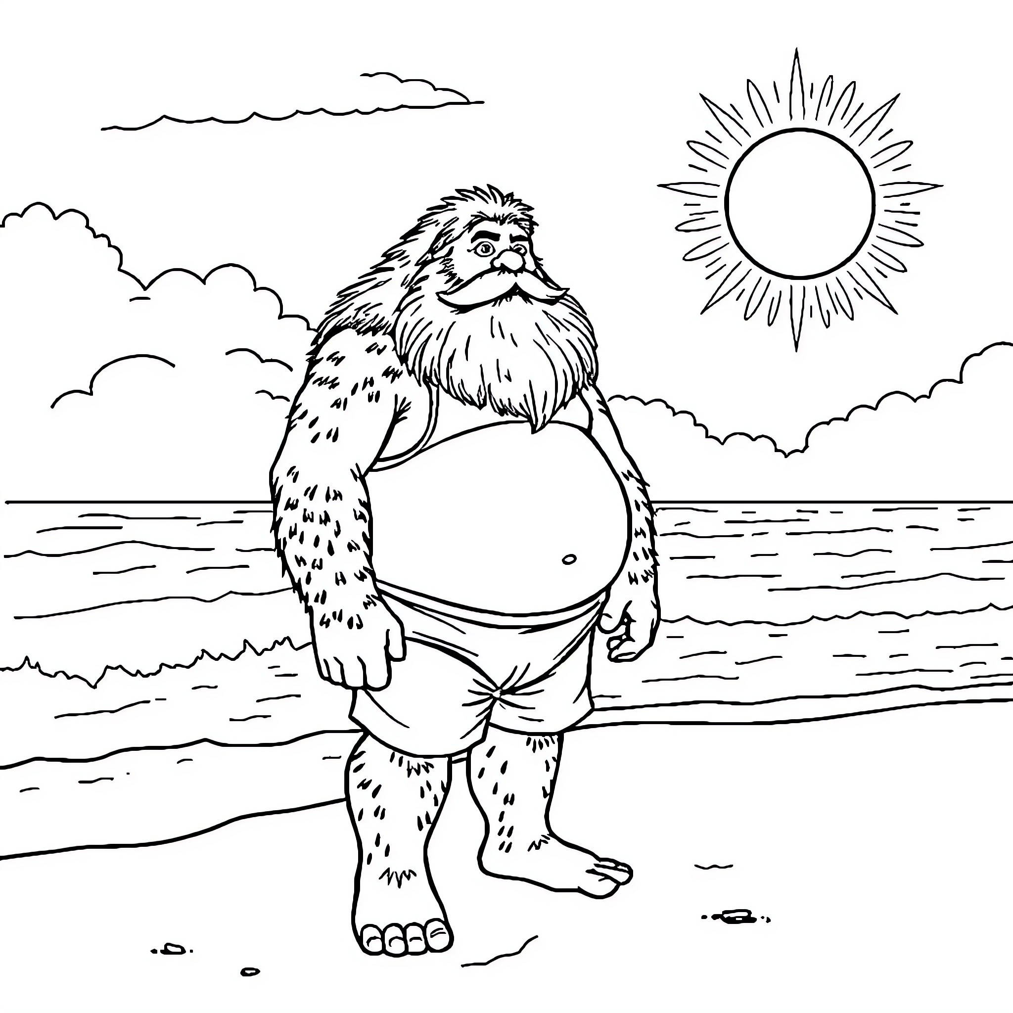 Hagrid enjoying a sunny day at the beach Coloring Page (free black-and-white line drawing printable PDF for all, from beginners to advanced learners, including children, teens, adults, and seniors)