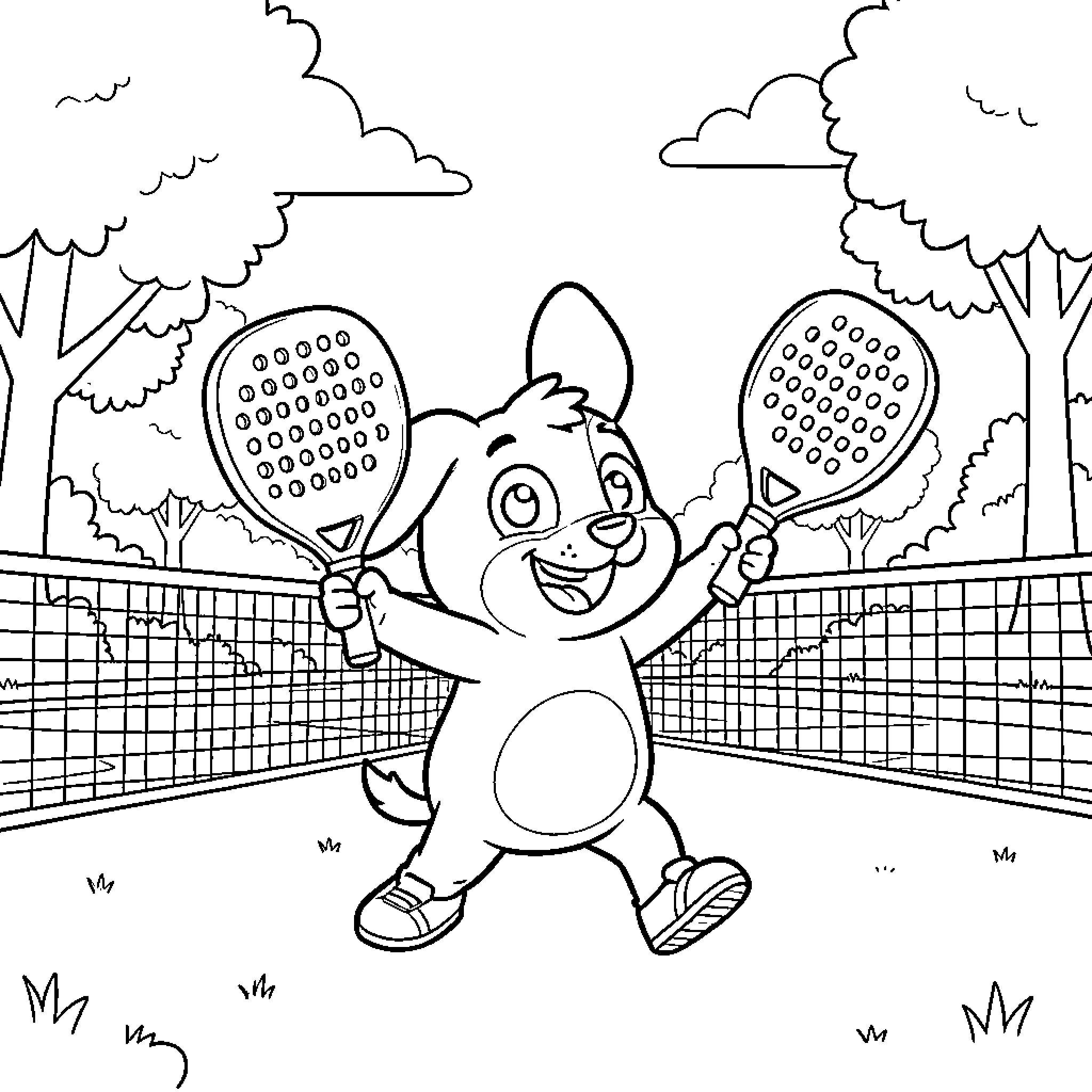 Bluey playing tennis on the court Coloring Page (free black-and-white line drawing printable PDF for all, from beginners to advanced learners, including children, teens, adults, and seniors)