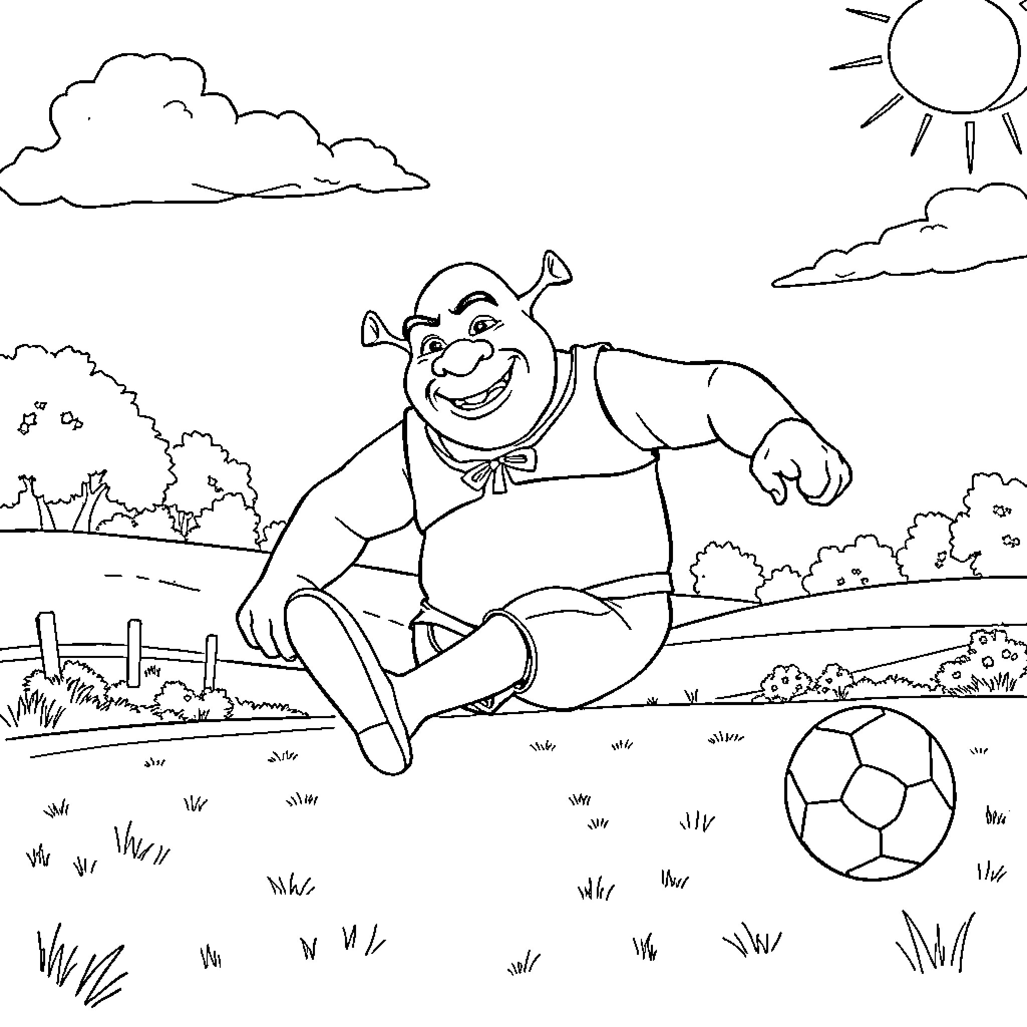 Shrek playing with a soccer ball in the countryside Coloring Page (free black-and-white line drawing printable PDF for all, from beginners to advanced learners, including children, teens, adults, and seniors)