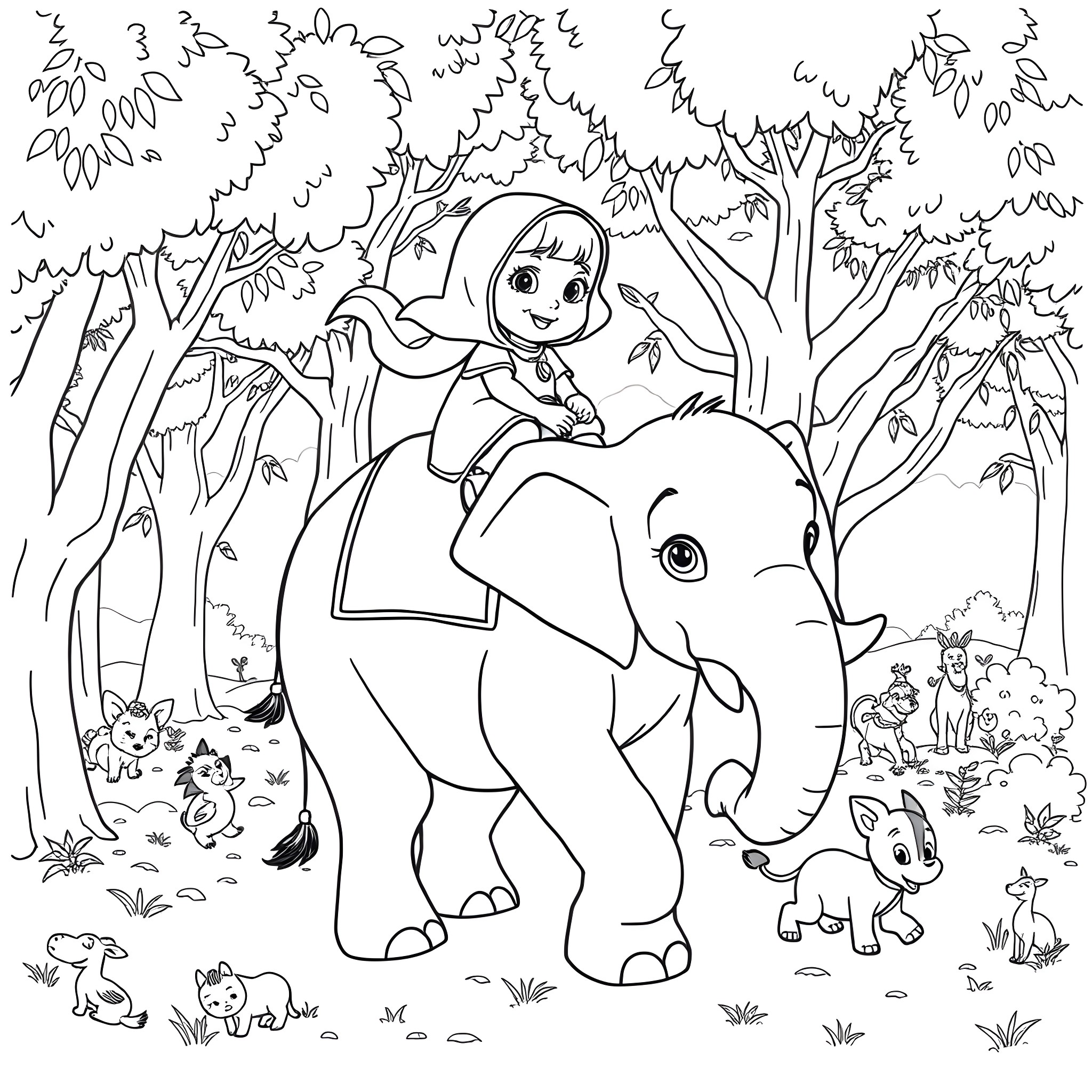Masha playing with elephant and forest animals Coloring Page (free black-and-white line drawing printable PDF for all, from beginners to advanced learners, including children, teens, adults, and seniors)