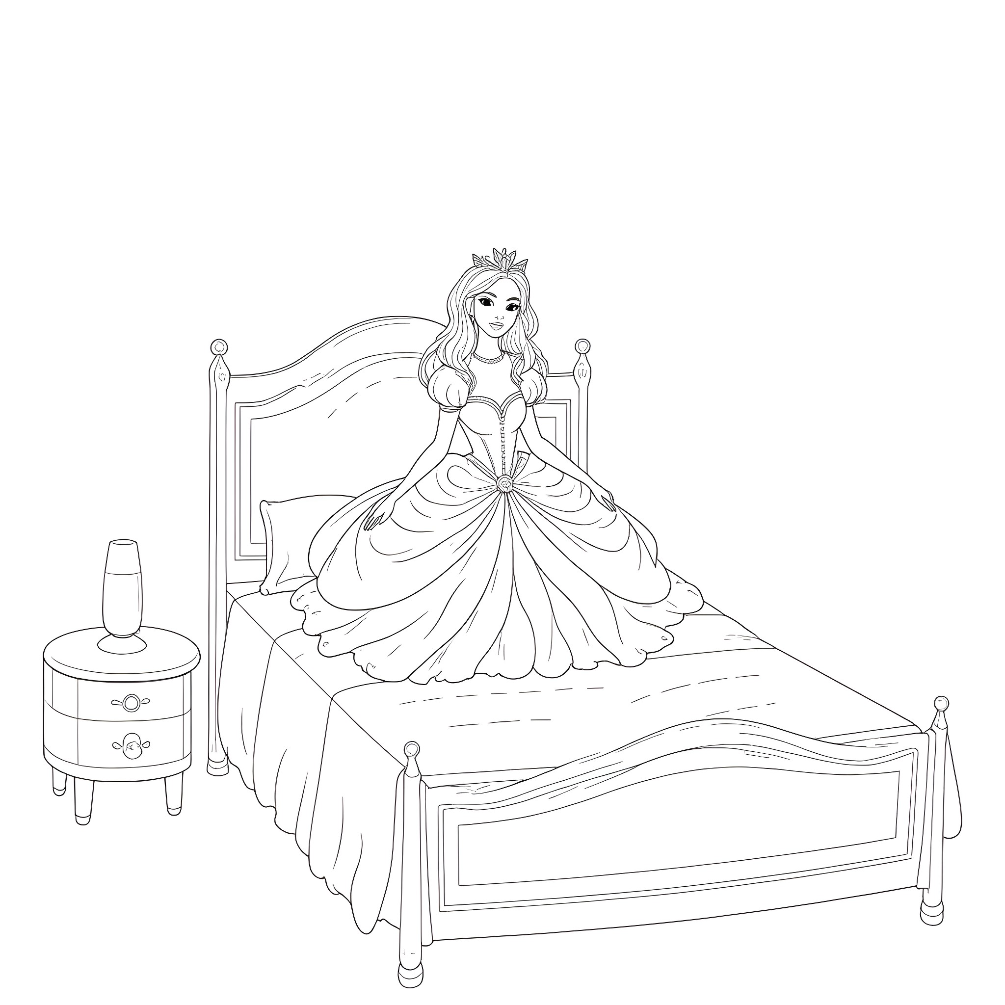 Princess in an elegant gown sitting on a bed Coloring Page (free black-and-white line drawing printable PDF for all, from beginners to advanced learners, including children, teens, adults, and seniors)