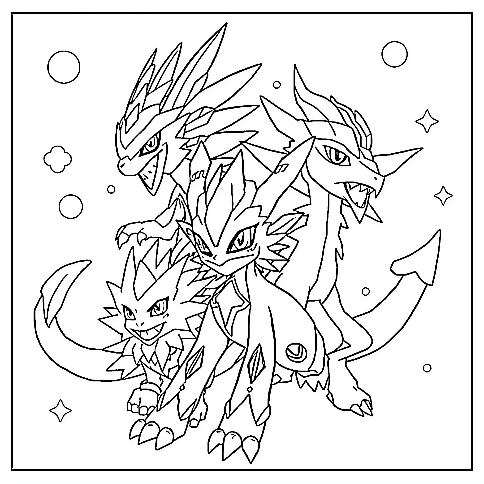Digimon Monsters Engaged in Fierce Combat Coloring Page (free black-and-white line drawing printable PDF for all, from beginners to advanced learners, including children, teens, adults, and seniors)