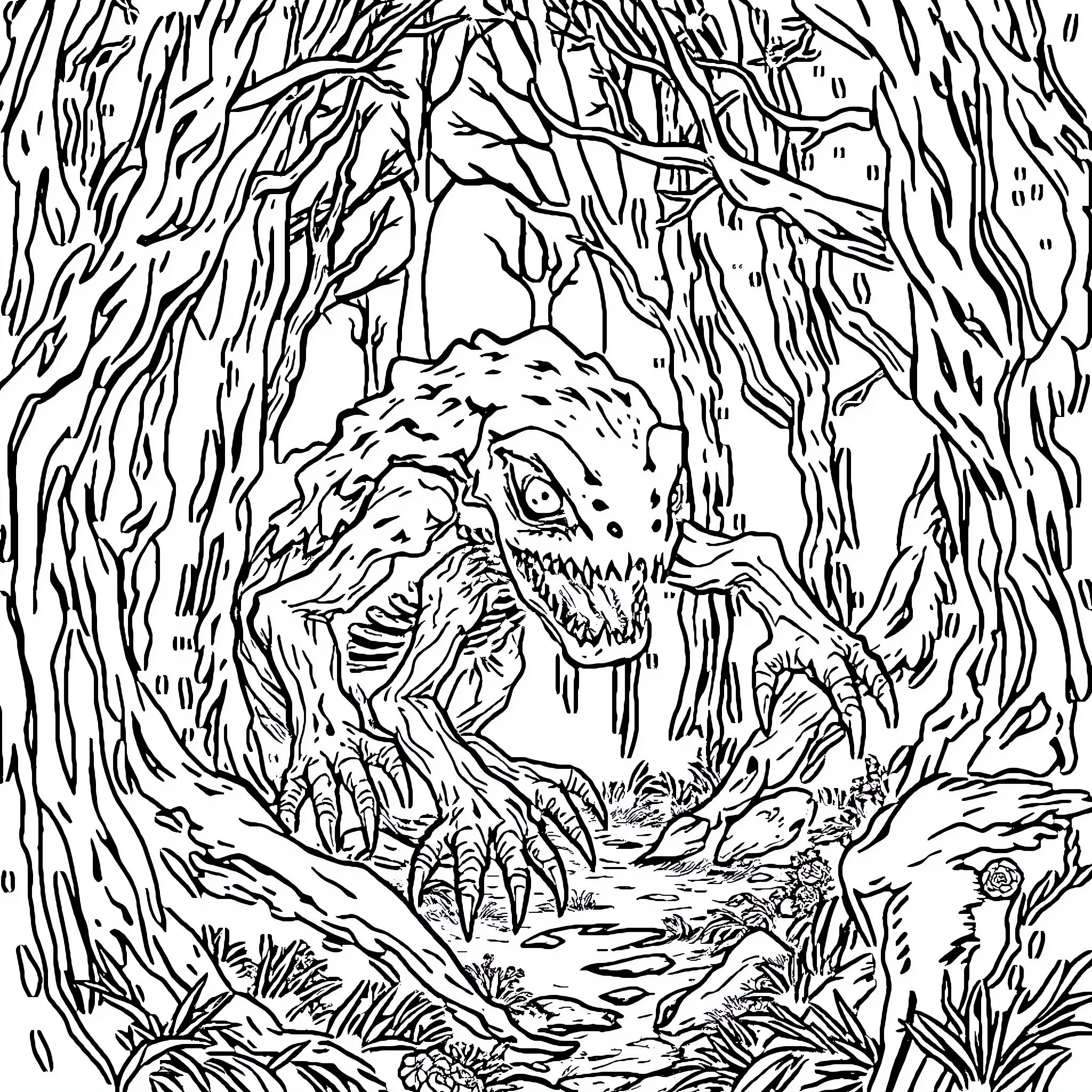 Dinosaur in the mysterious forest Coloring Page (free black-and-white line drawing printable PDF for all, from beginners to advanced learners, including children, teens, adults, and seniors)