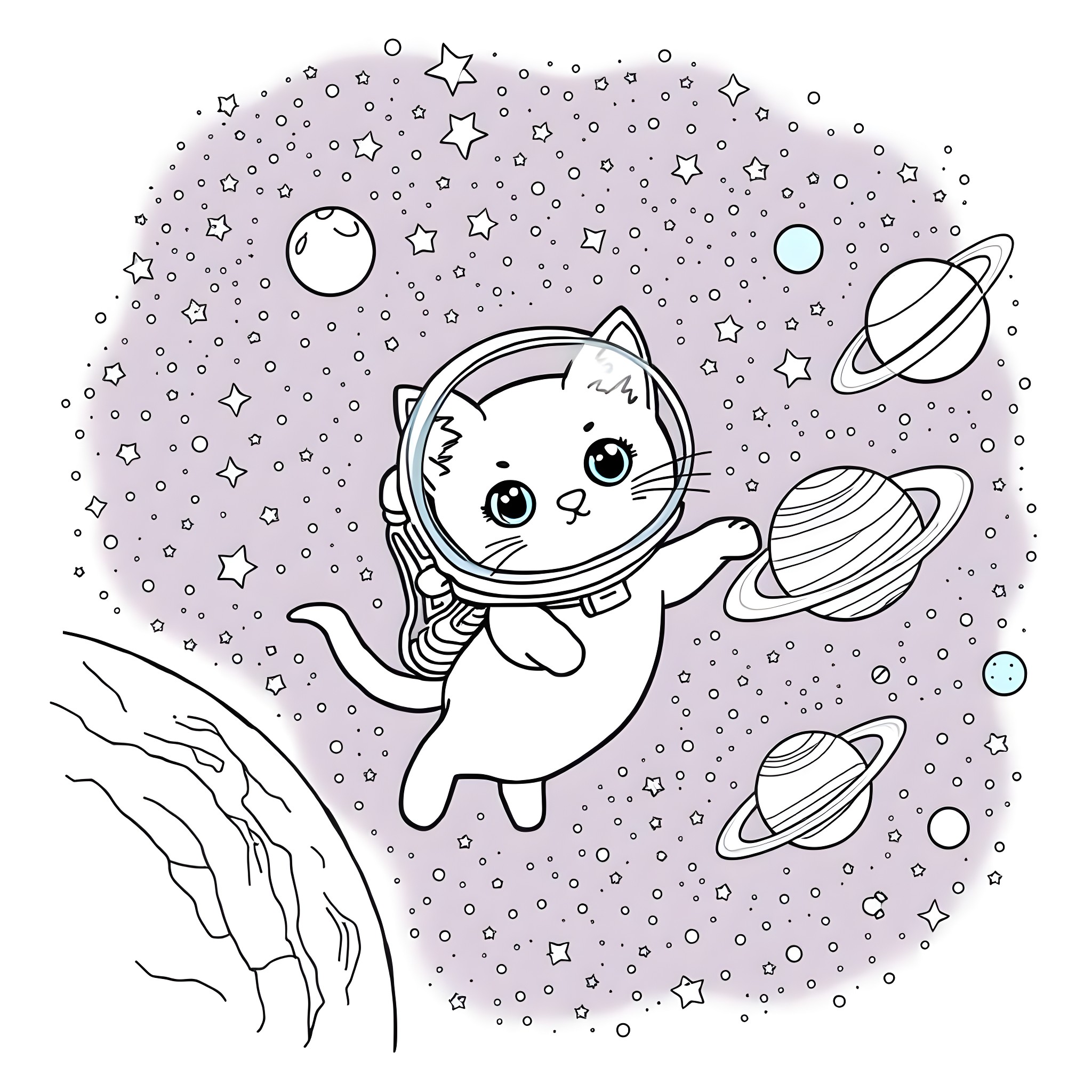Cat Astronaut Exploring Outer Space Coloring Page (free black-and-white line drawing printable PDF for all, from beginners to advanced learners, including children, teens, adults, and seniors)