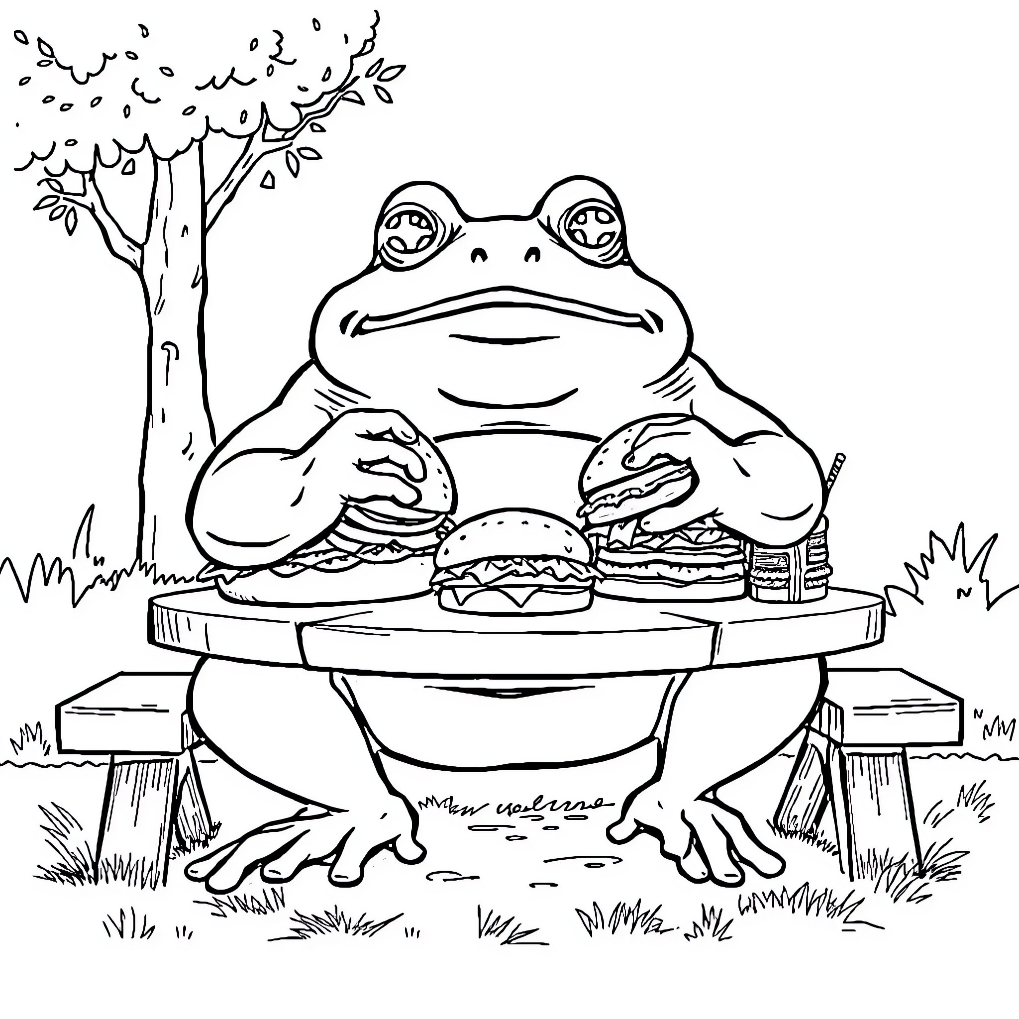 Frog enjoying a hearty meal outdoors Coloring Page (free black-and-white line drawing printable PDF for all, from beginners to advanced learners, including children, teens, adults, and seniors)