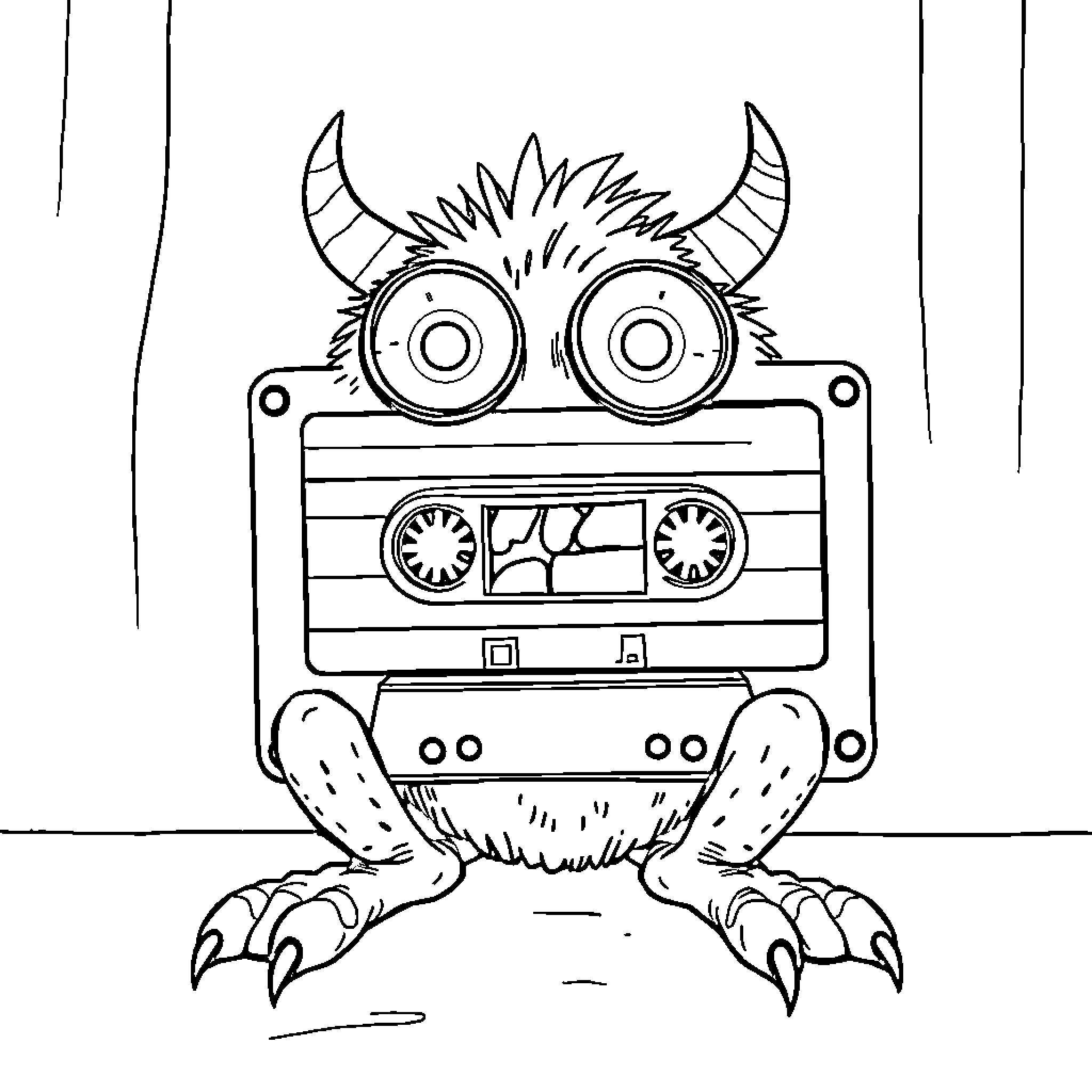 Cassette Tape Monster with Horns and Claws Coloring Page (free black-and-white line drawing printable PDF for all, from beginners to advanced learners, including children, teens, adults, and seniors)