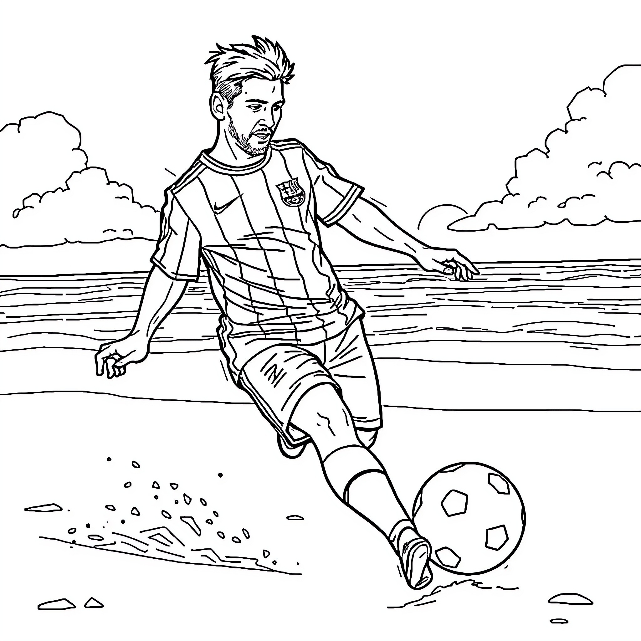 Lionel Messi playing football on the beach Coloring Page (free black-and-white line drawing printable PDF for all, from beginners to advanced learners, including children, teens, adults, and seniors)