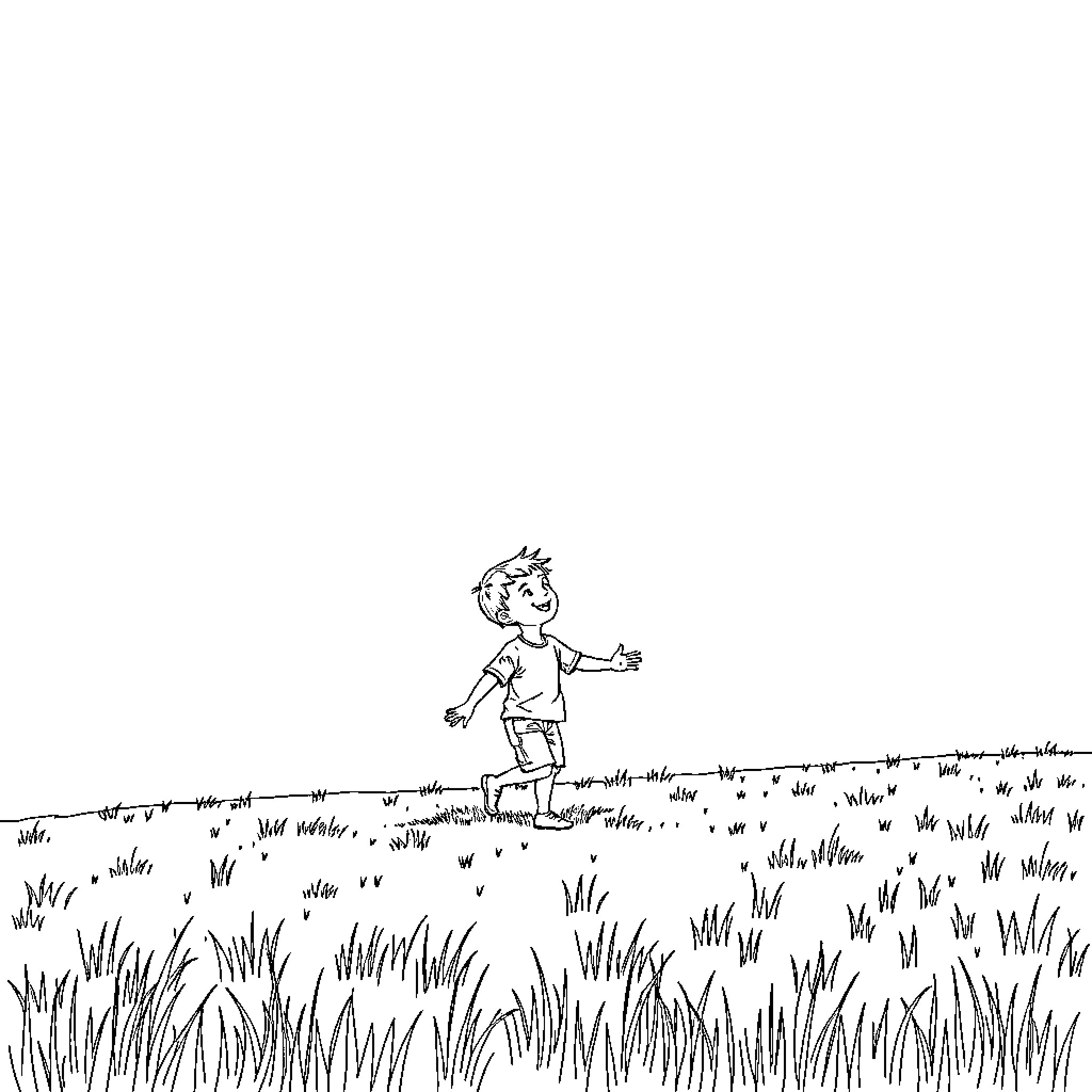 Boy exploring the lush meadow Coloring Page (free black-and-white line drawing printable PDF for all, from beginners to advanced learners, including children, teens, adults, and seniors)