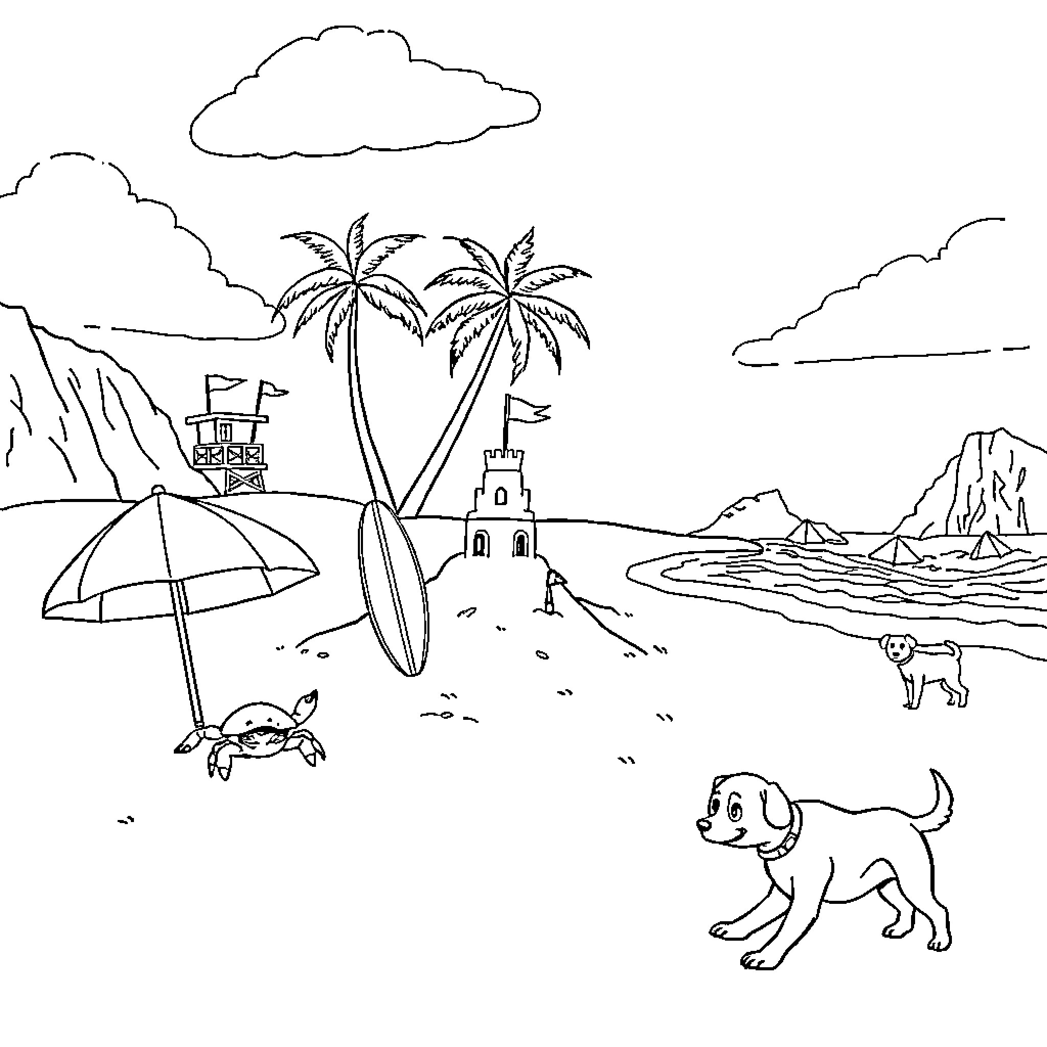 Crab enjoying a day at the beach Coloring Page (free black-and-white line drawing printable PDF for all, from beginners to advanced learners, including children, teens, adults, and seniors)