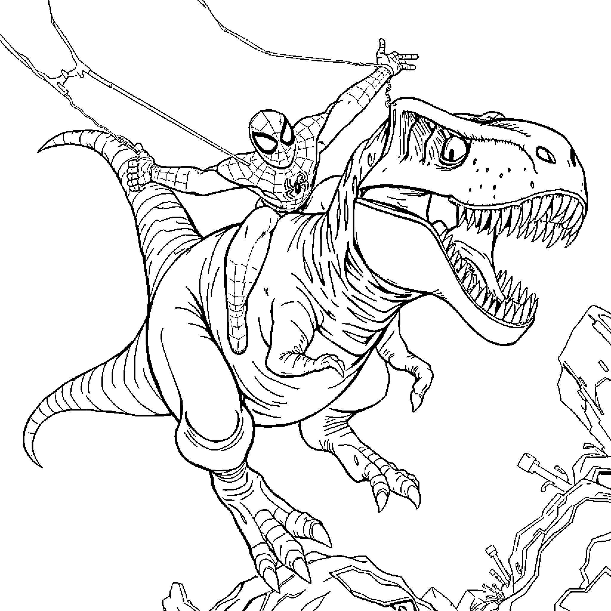 Spiderman riding a fierce dinosaur Coloring Page (free black-and-white line drawing printable PDF for all, from beginners to advanced learners, including children, teens, adults, and seniors)