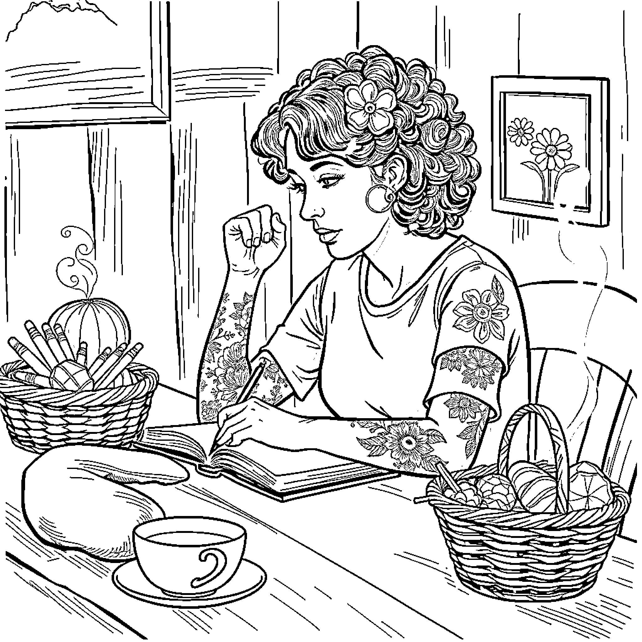 Lady Reading a Book in Cozy Home Coloring Page (free black-and-white line drawing printable PDF for all, from beginners to advanced learners, including children, teens, adults, and seniors)