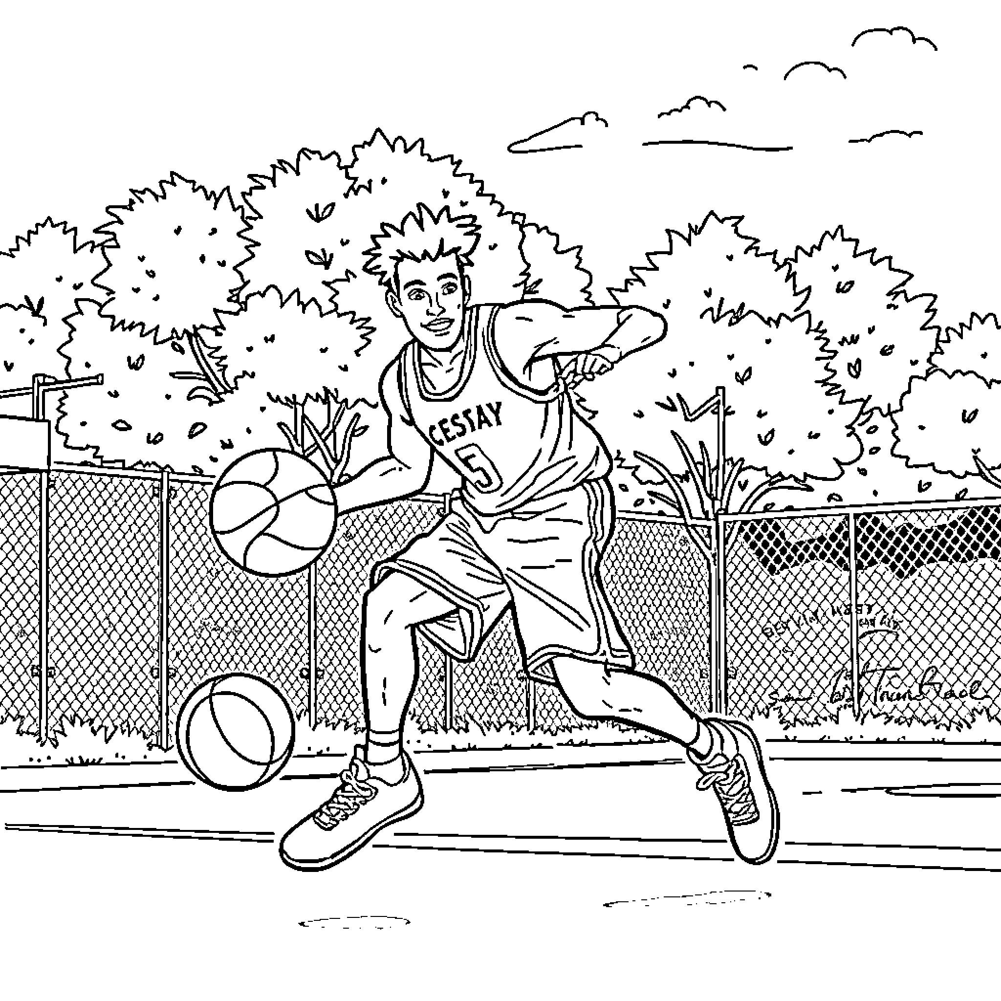 Johnny Joestar playing basketball on the court Coloring Page (free black-and-white line drawing printable PDF for all, from beginners to advanced learners, including children, teens, adults, and seniors)