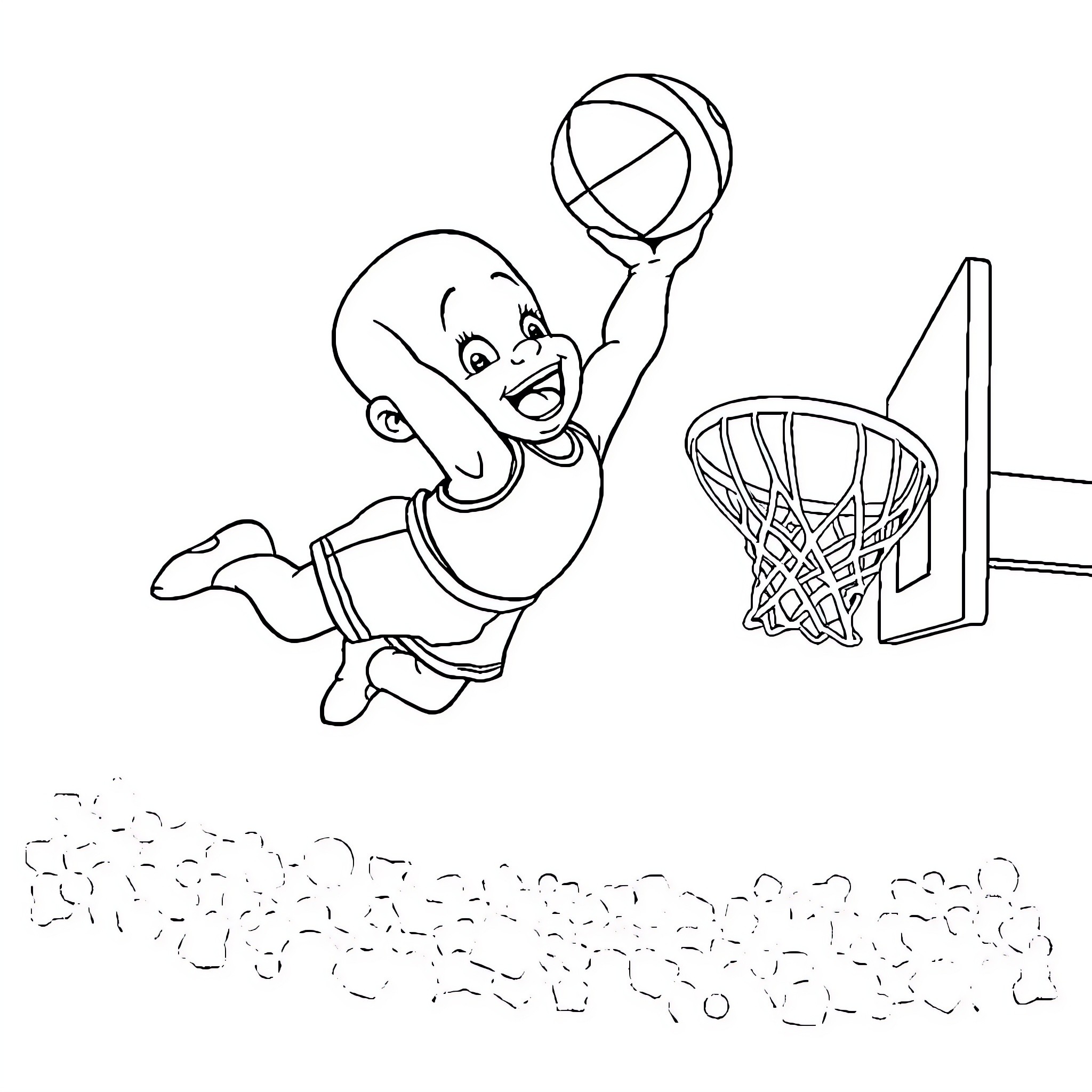 Baby Shaq playing basketball with excitement Coloring Page (free black-and-white line drawing printable PDF for all, from beginners to advanced learners, including children, teens, adults, and seniors)