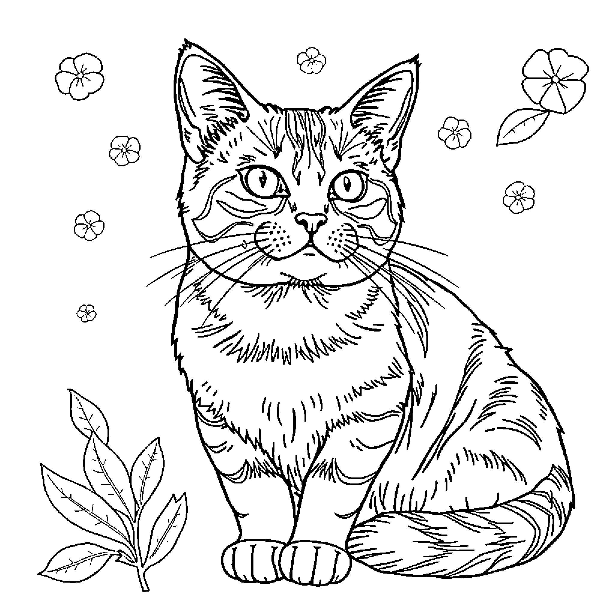 Cat surrounded by flowers and leaves Coloring Page (free black-and-white line drawing printable PDF for all, from beginners to advanced learners, including children, teens, adults, and seniors)