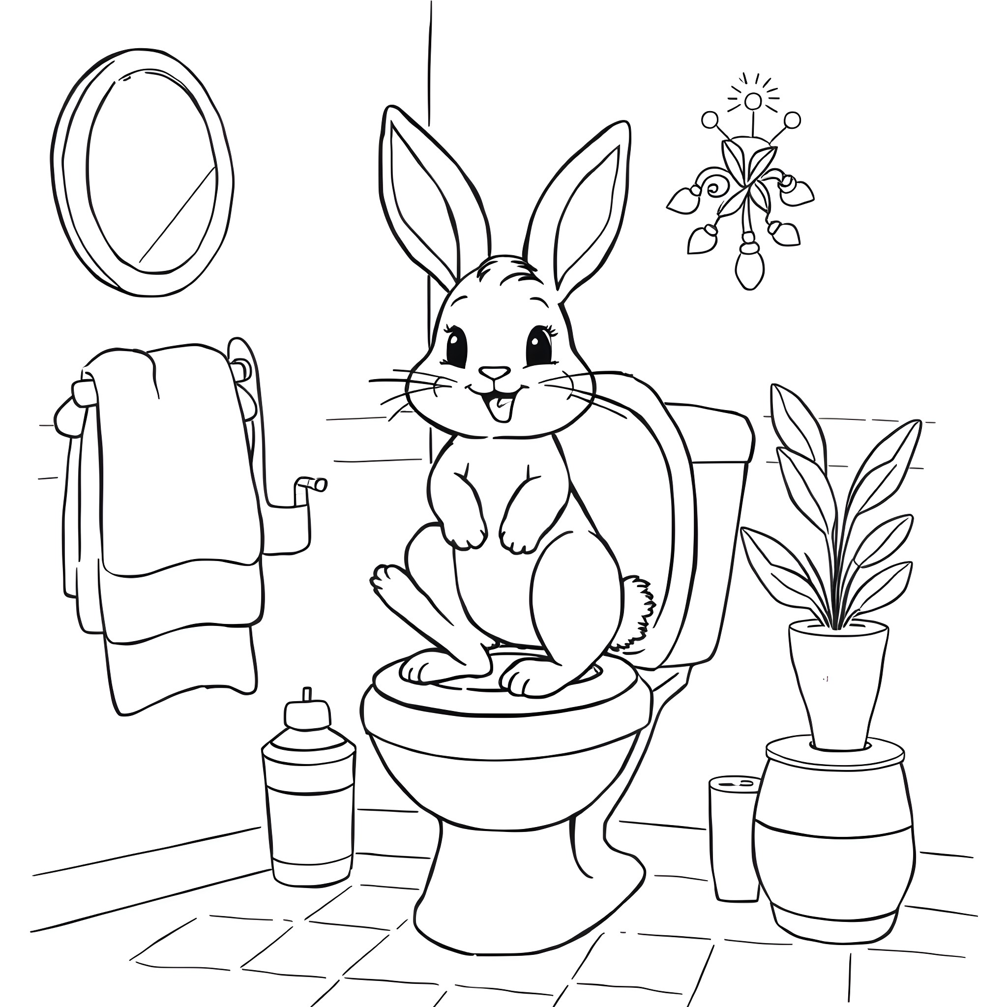 Rabbit Sitting Happily on Toilet Coloring Page (free black-and-white line drawing printable PDF for all, from beginners to advanced learners, including children, teens, adults, and seniors)